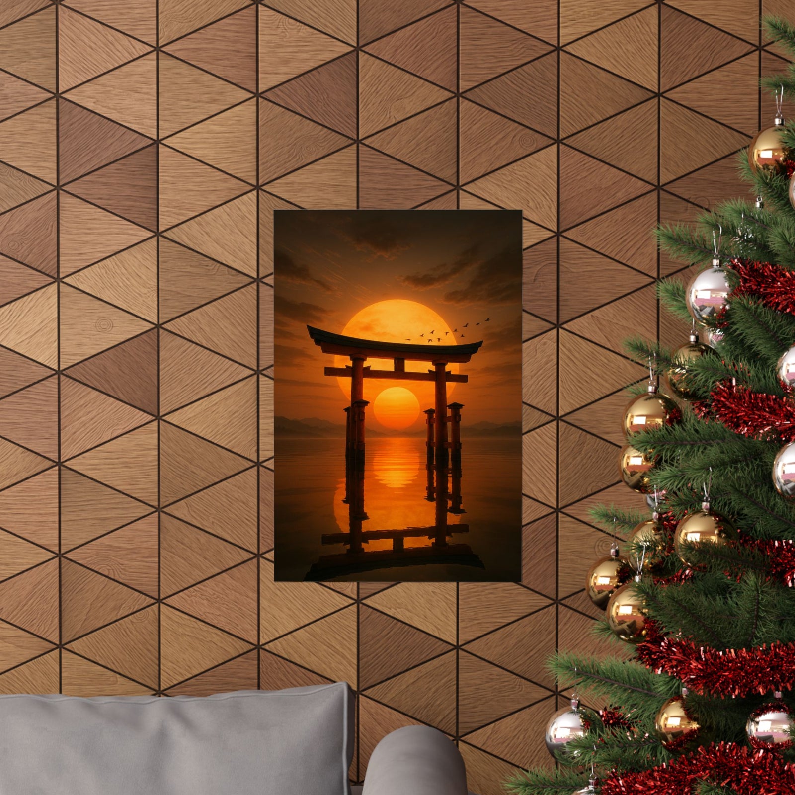 Torii Gate Sunset Art Print Poster, Cinematic Anime Landscape