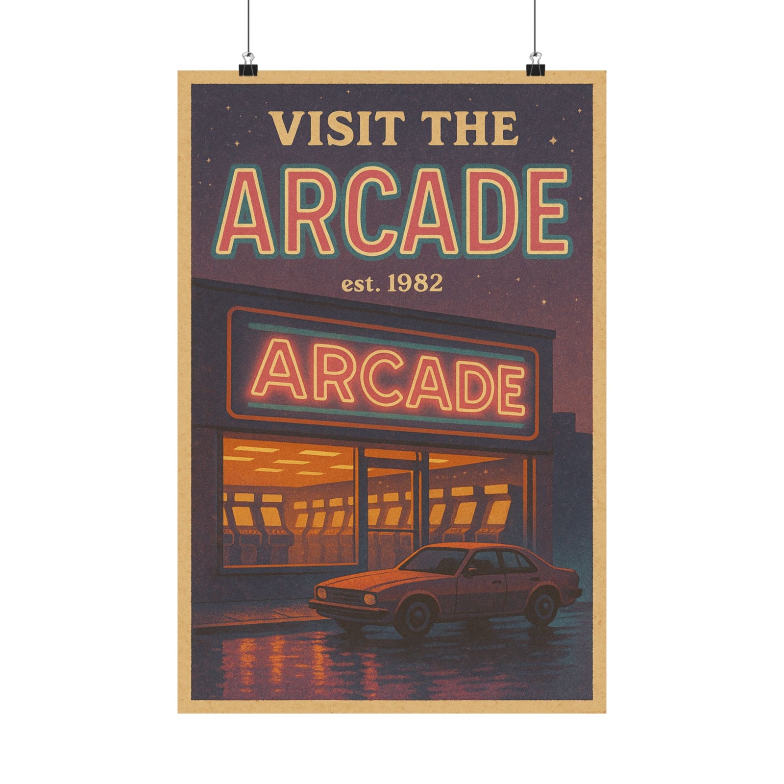 Neon Arcade Travel Art Print Poster, Retro Arcade Destination