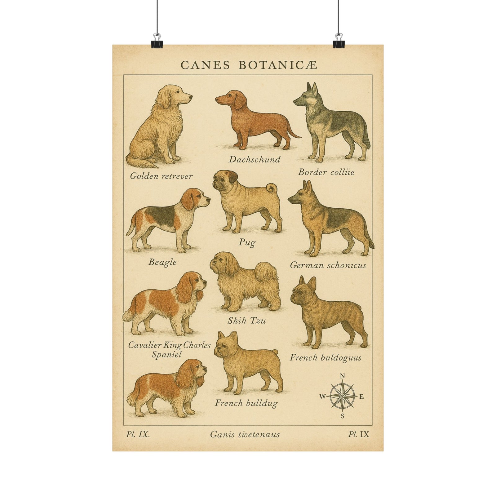 Dog Breeds Botanical Chart Art Print Poster, Vintage Specimen Plate