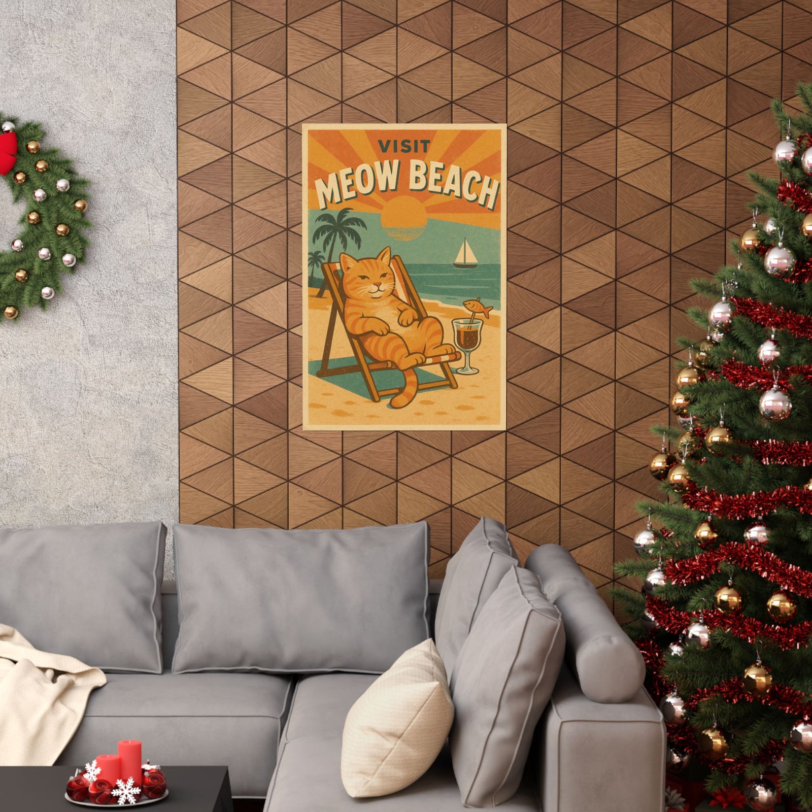 Meow Bay Cat Beach Travel Art Print Poster, Retro Vacation Vibe