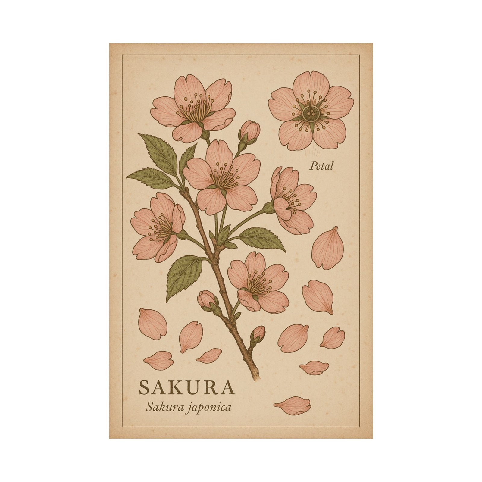 Sakura Blossom Botanical Art Print Poster, Vintage Japan Plant Plate
