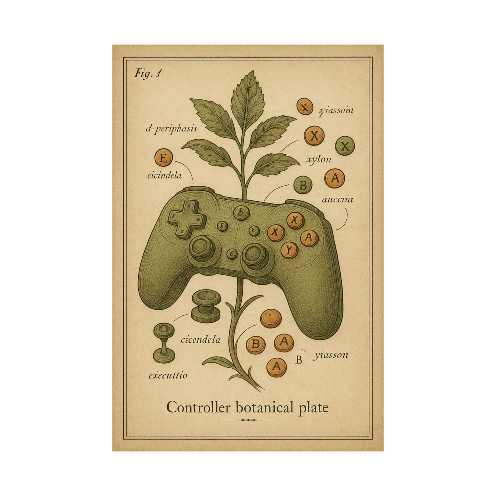 Controller Botanical Specimen Art Print Poster, Vintage Plate Style