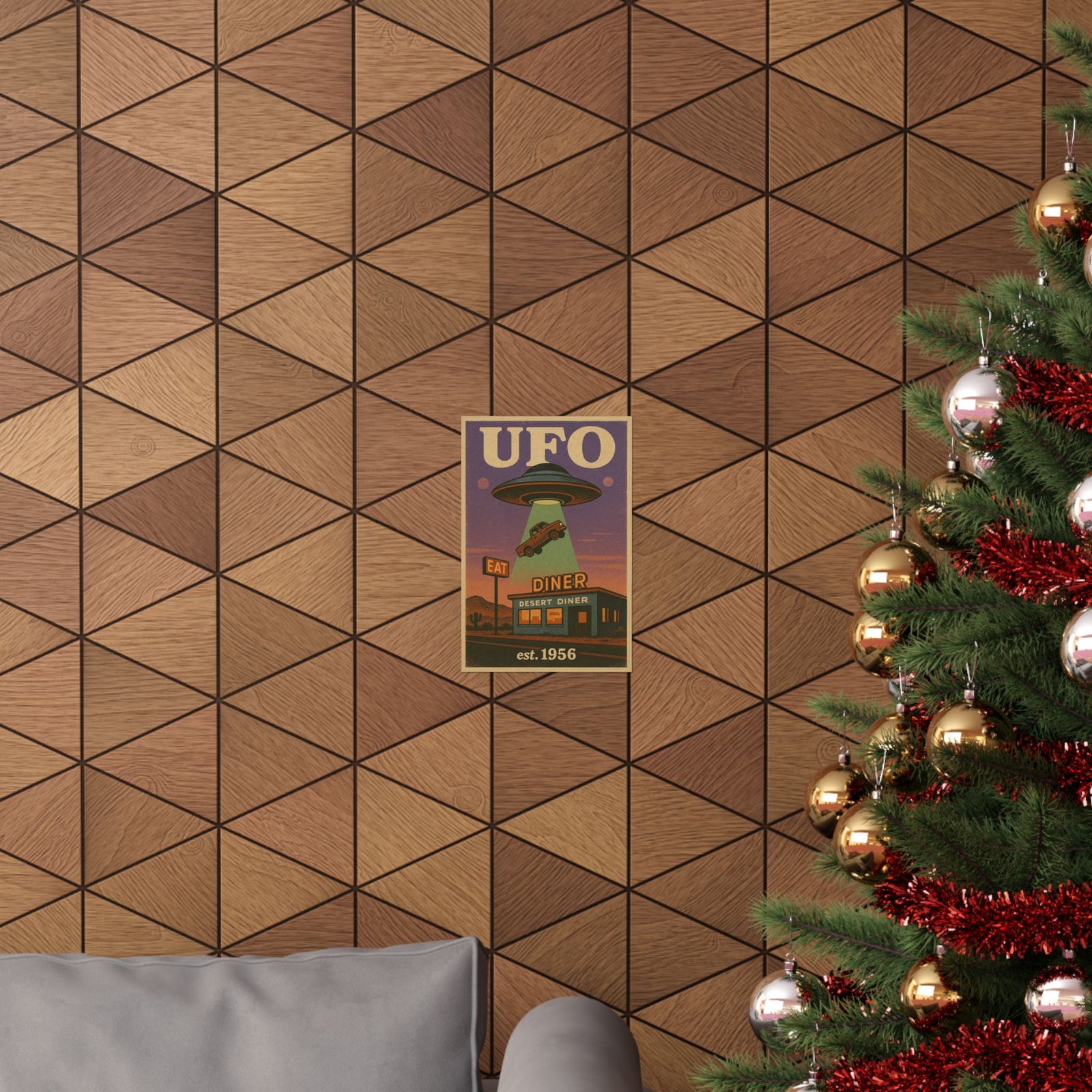 UFO Over Desert Diner Art Print Poster, Retro Route 66 Abduction