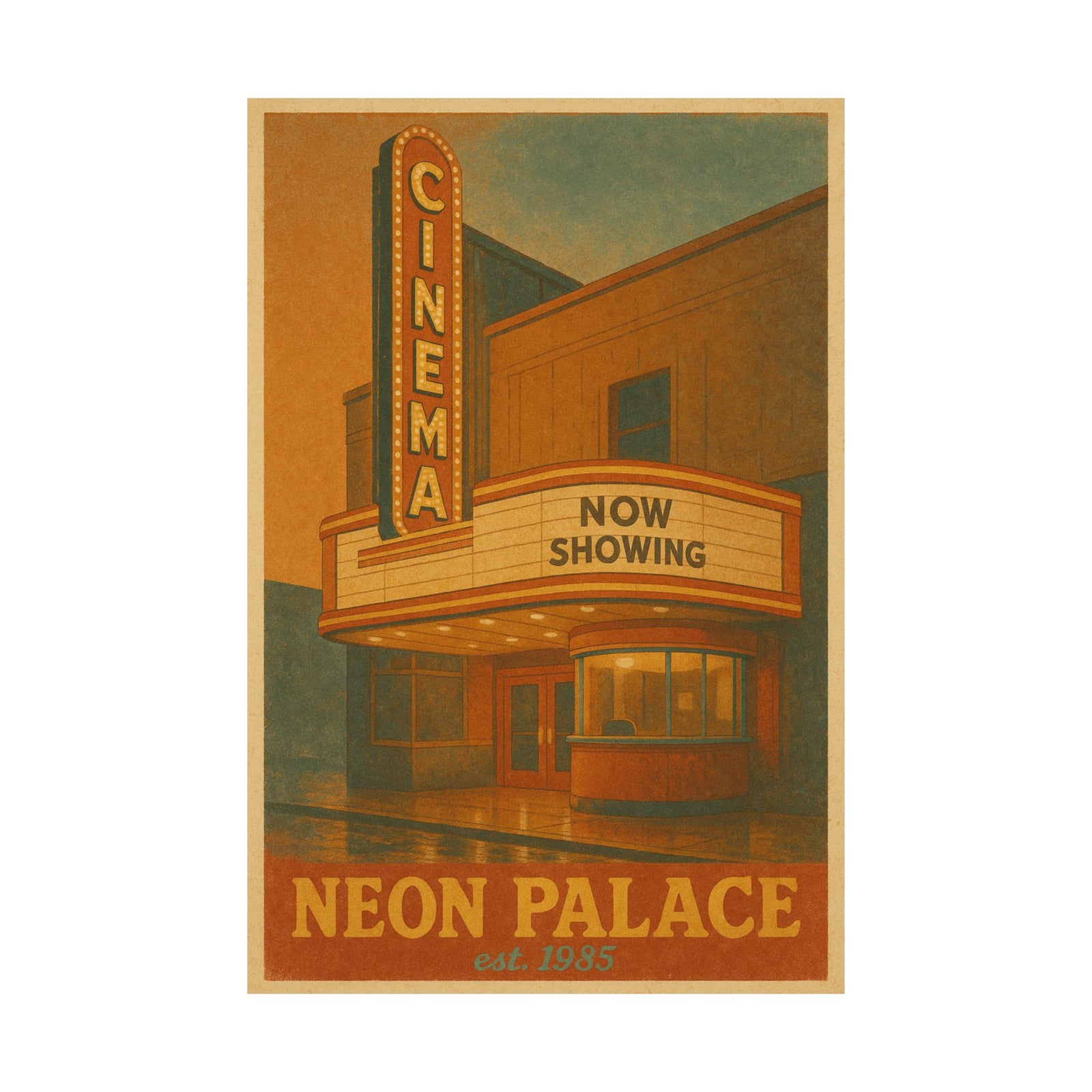 Vintage Cinema Marquee Art Print Poster, Now Showing Neon Palace