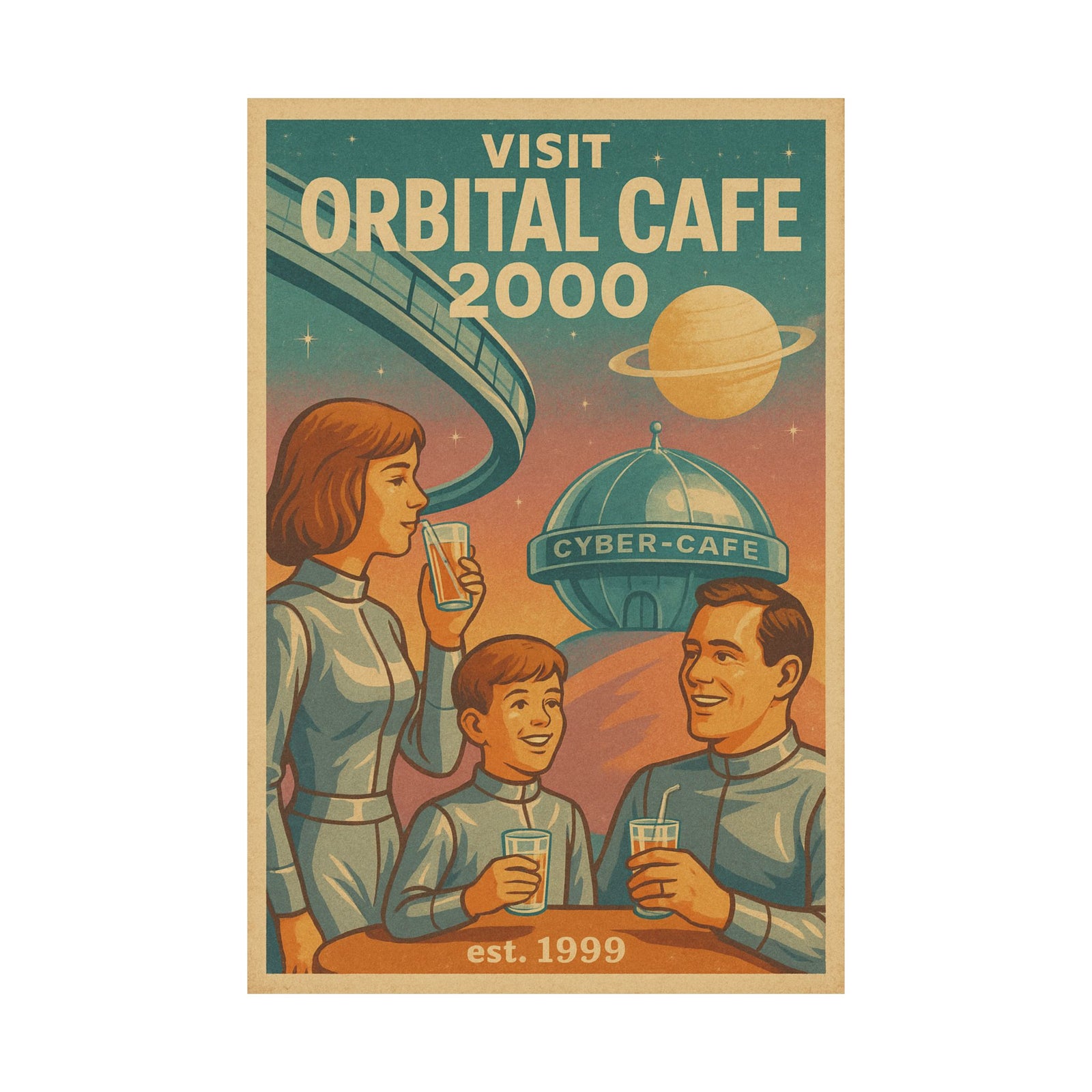 Orbital Cyber-Cafe Travel Art Print Poster, Y2K Retro-Future Tourism