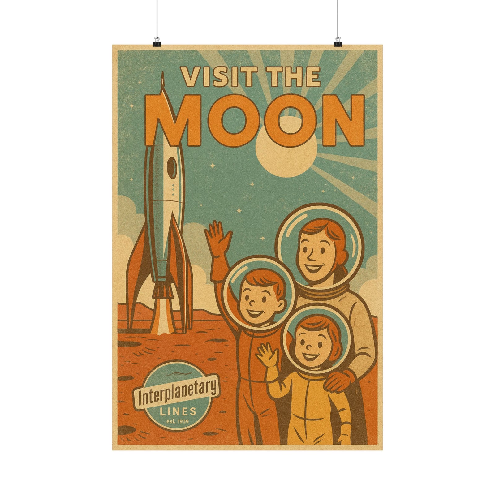 Visit The Moon Retro Rocket Travel Art Print Poster, 1950s Space Tourism