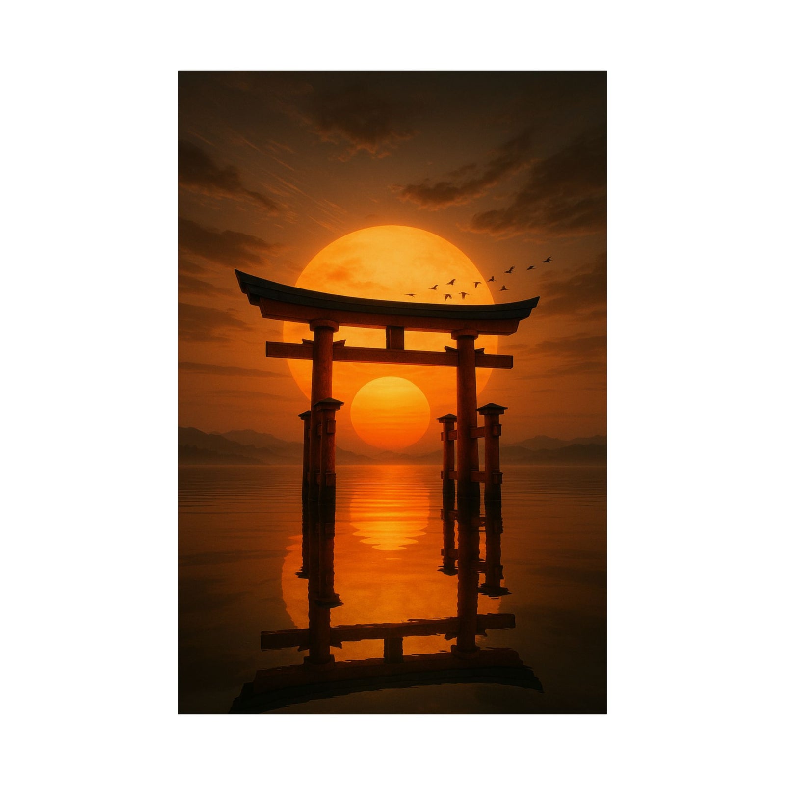 Torii Gate Sunset Art Print Poster, Cinematic Anime Landscape
