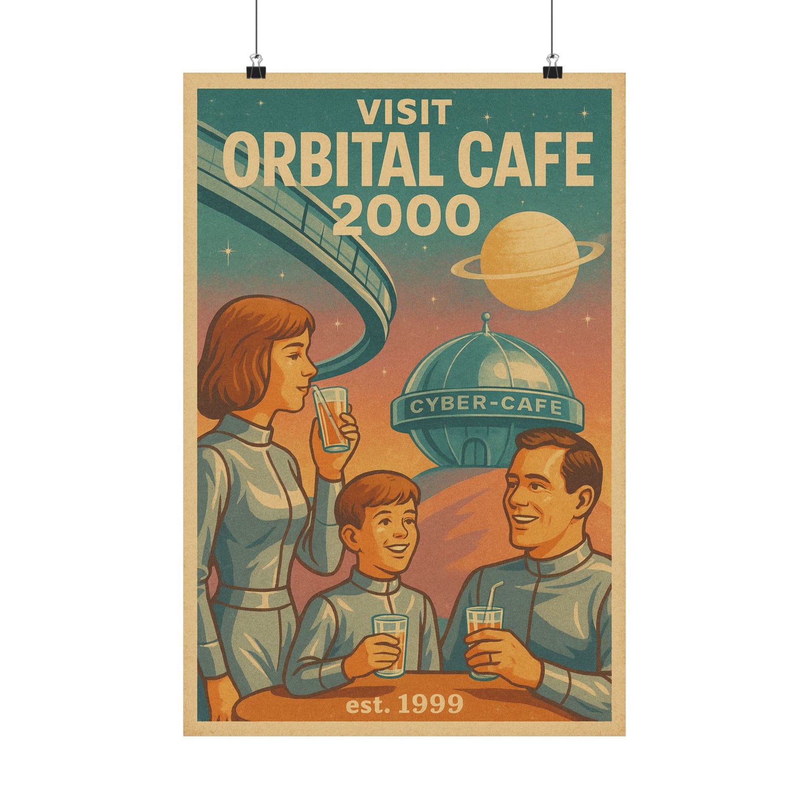 Orbital Cyber-Cafe Travel Art Print Poster, Y2K Retro-Future Tourism