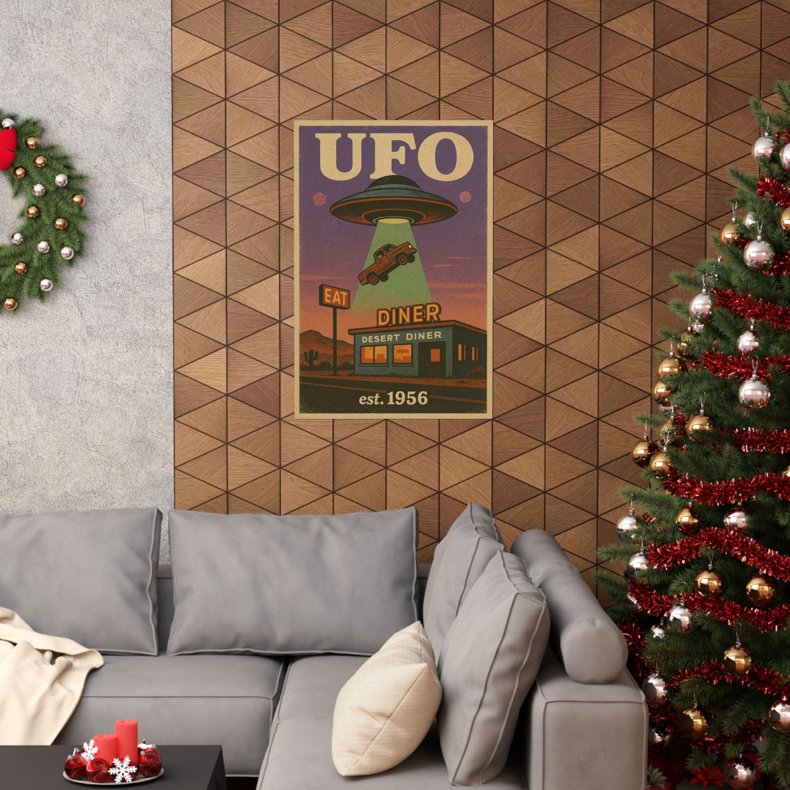 UFO Over Desert Diner Art Print Poster, Retro Route 66 Abduction