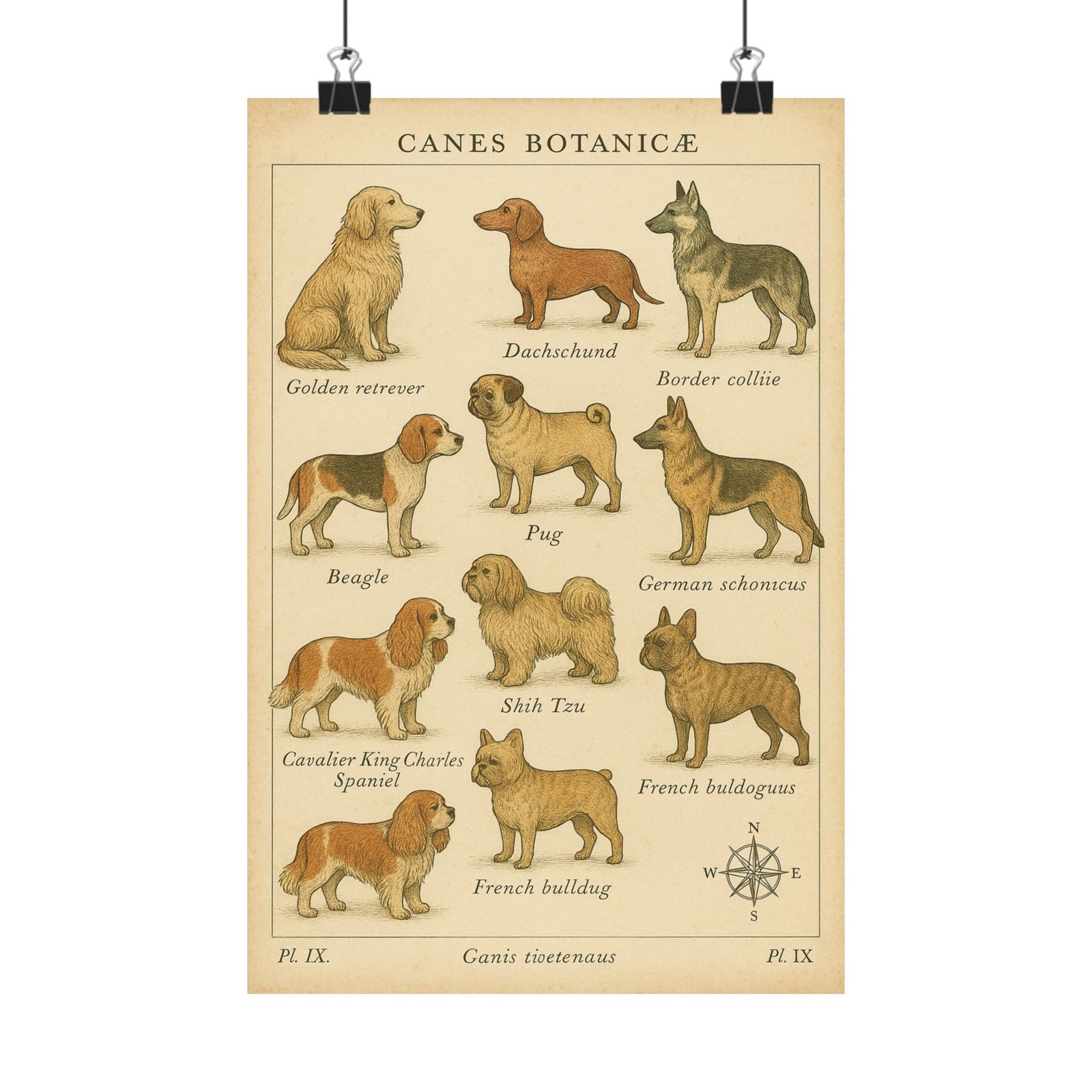 Dog Breeds Botanical Chart Art Print Poster, Vintage Specimen Plate