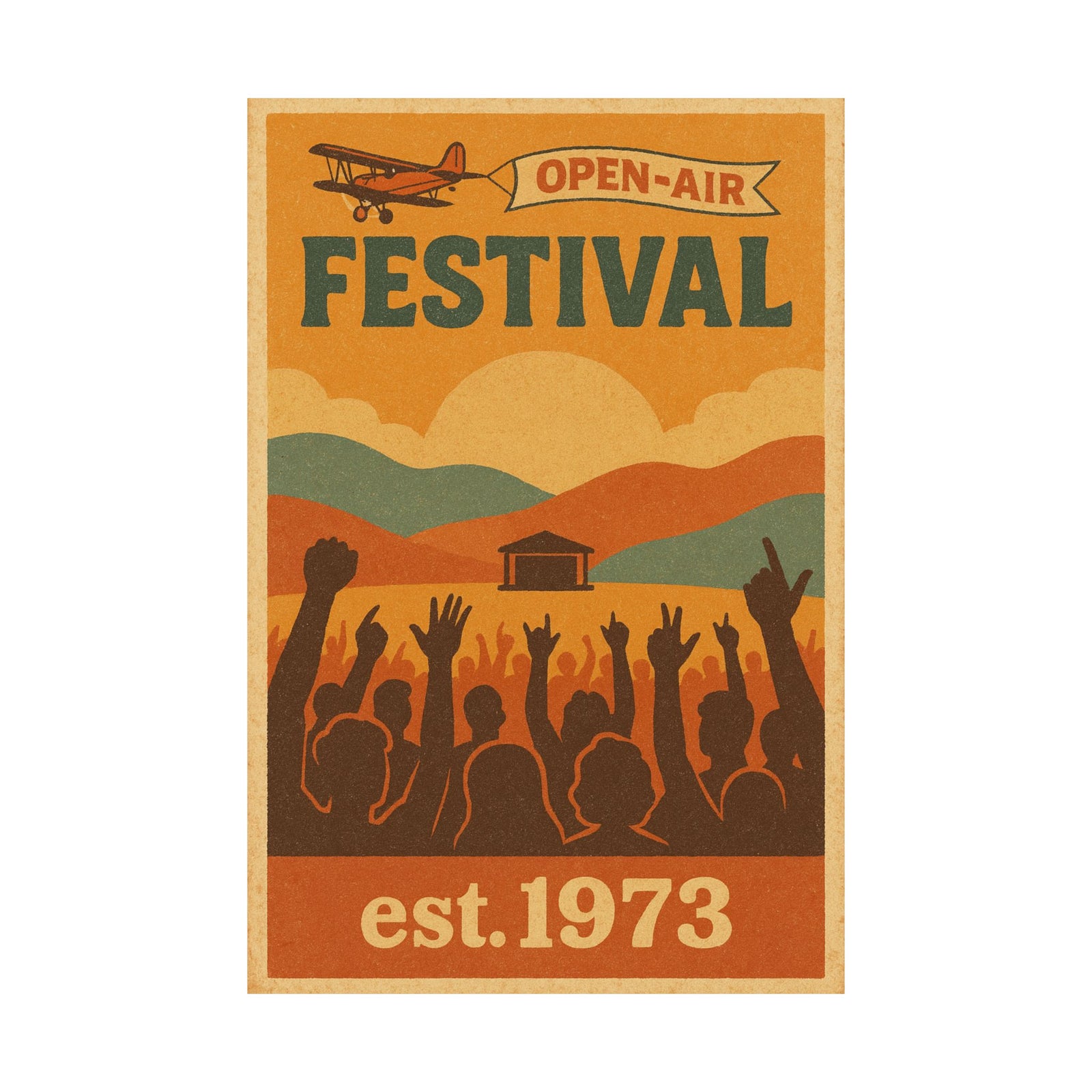 Vintage Festival Travel Art Print Poster, Sunrise Over The Main Stage