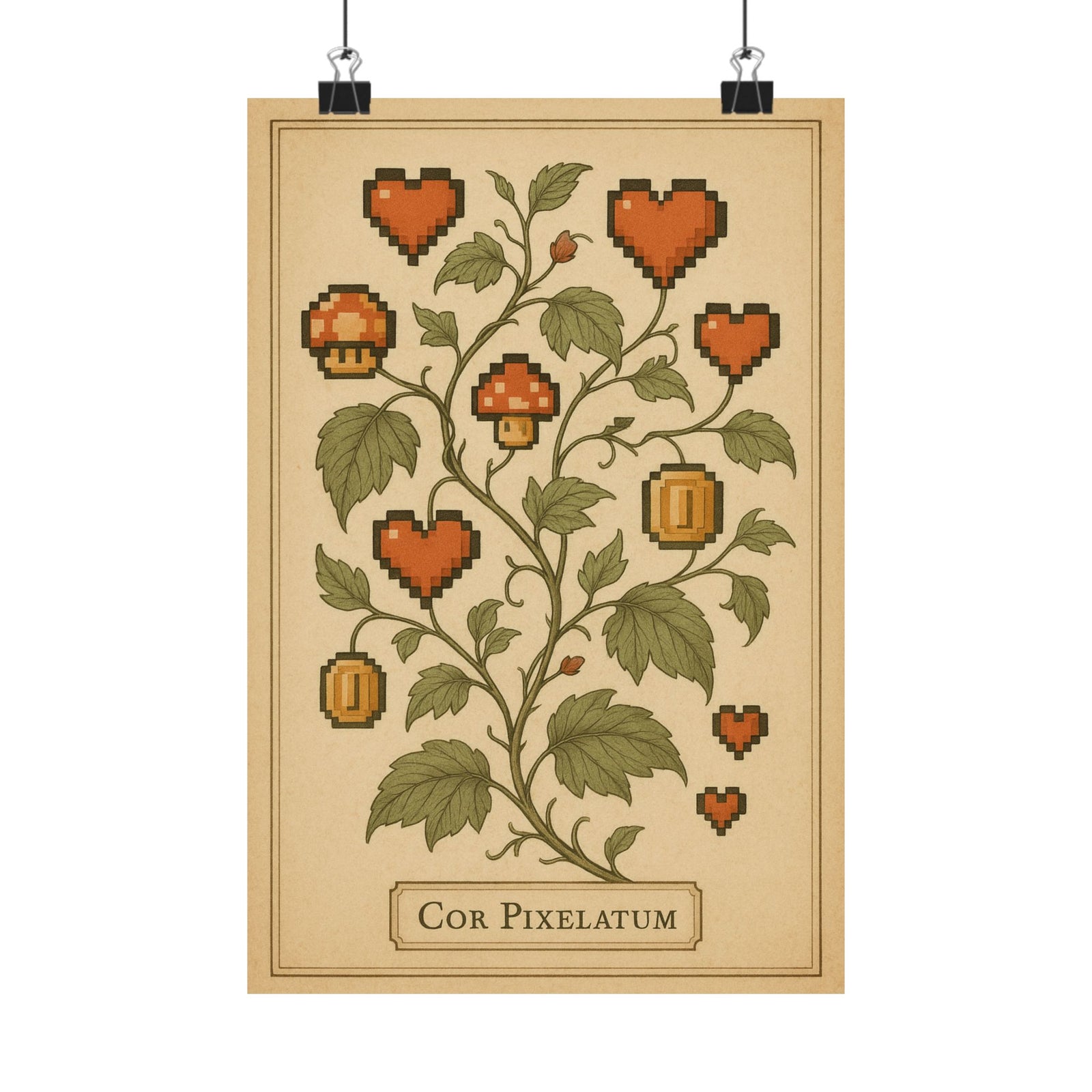 Pixel Heart Botanical Art Print Poster, Retro Power-Up Plant