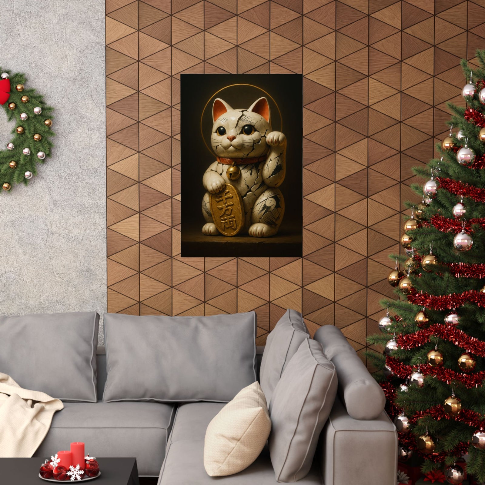 Maneki Neko Lucky Cat Art Print Poster, 3D Good Fortune Charm