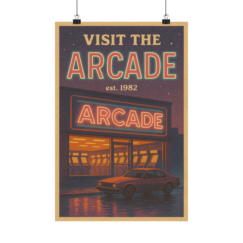 Neon Arcade Travel Art Print Poster, Retro Arcade Destination