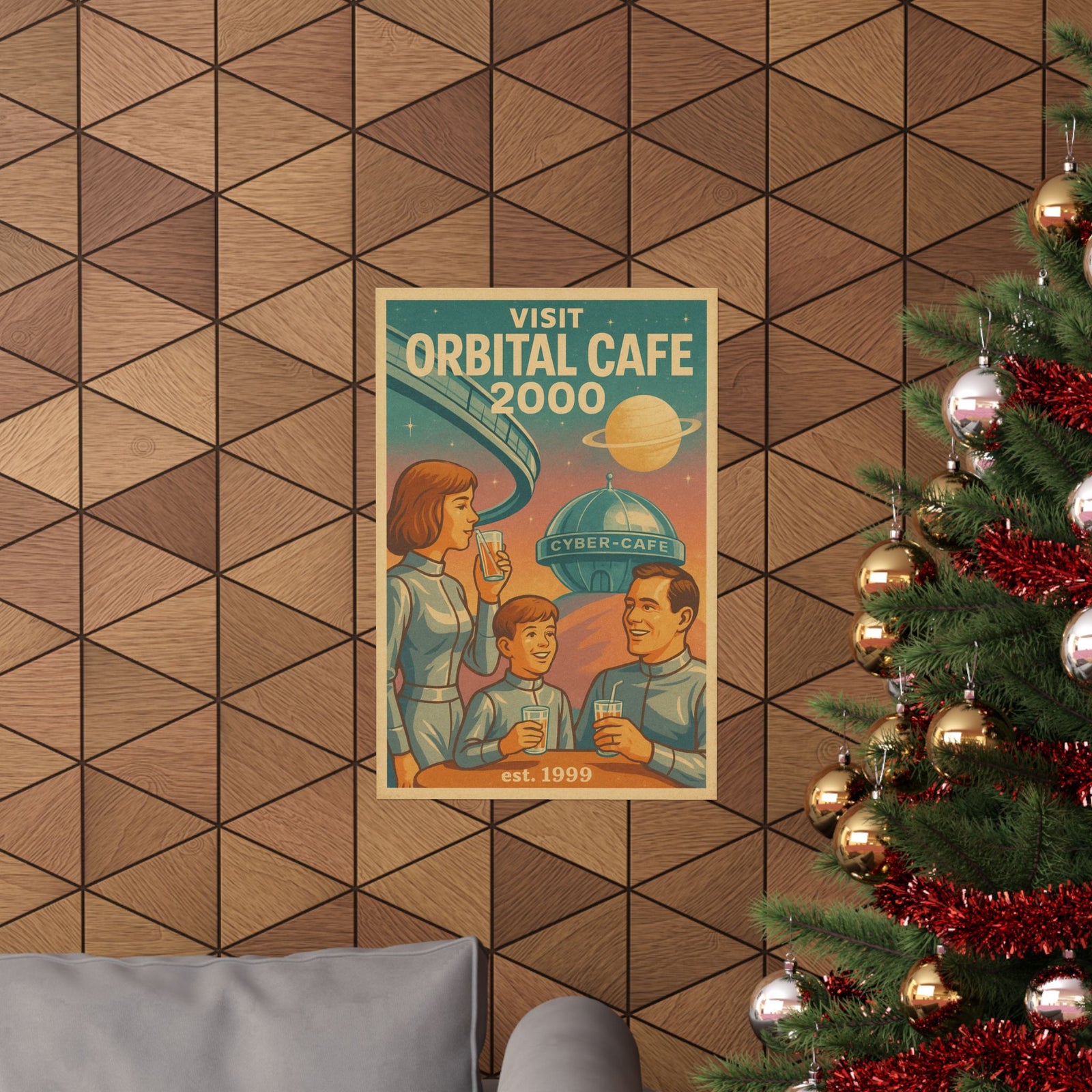 Orbital Cyber-Cafe Travel Art Print Poster, Y2K Retro-Future Tourism