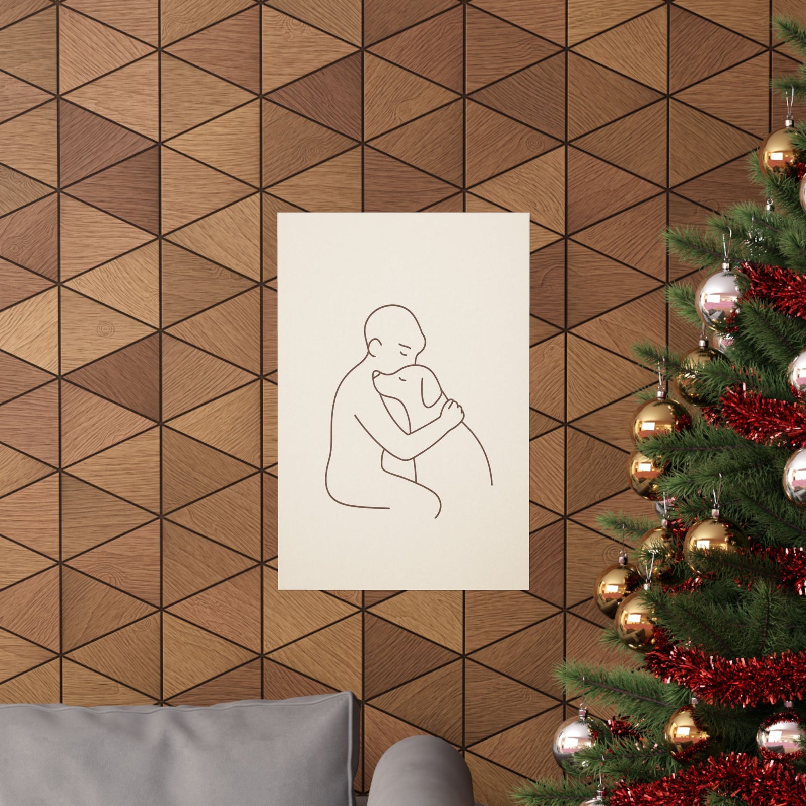 Person And Dog Hug Line Art Print Poster, Minimal One Line Bond