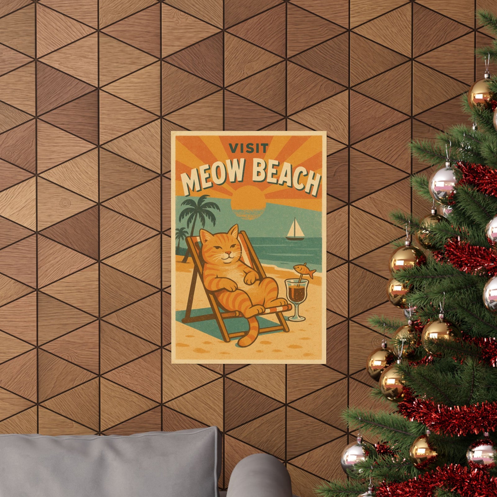 Meow Bay Cat Beach Travel Art Print Poster, Retro Vacation Vibe