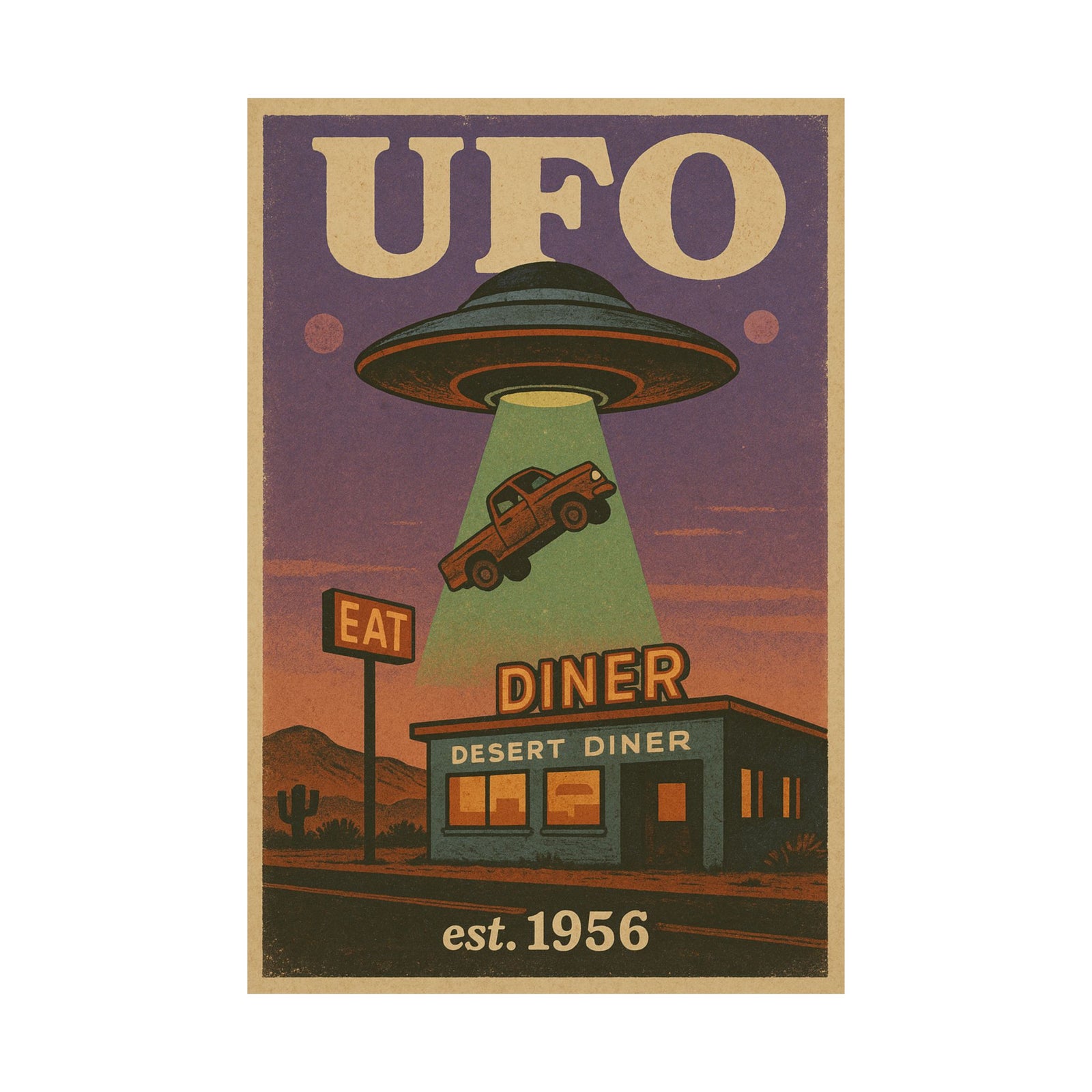 UFO Over Desert Diner Art Print Poster, Retro Route 66 Abduction
