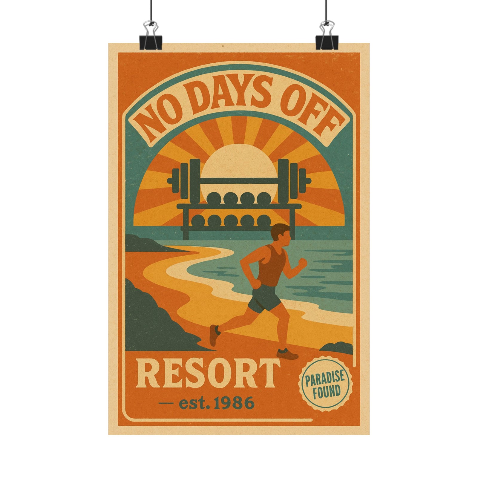 No Days Off Gym Resort Art Print Poster, Retro Travel Style