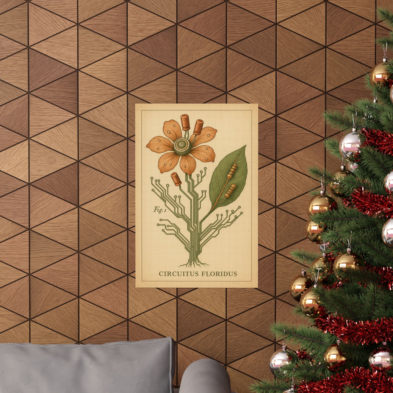 Circuit Board Flower Botanical Art Print Poster, Retro Tech Bloom Plate