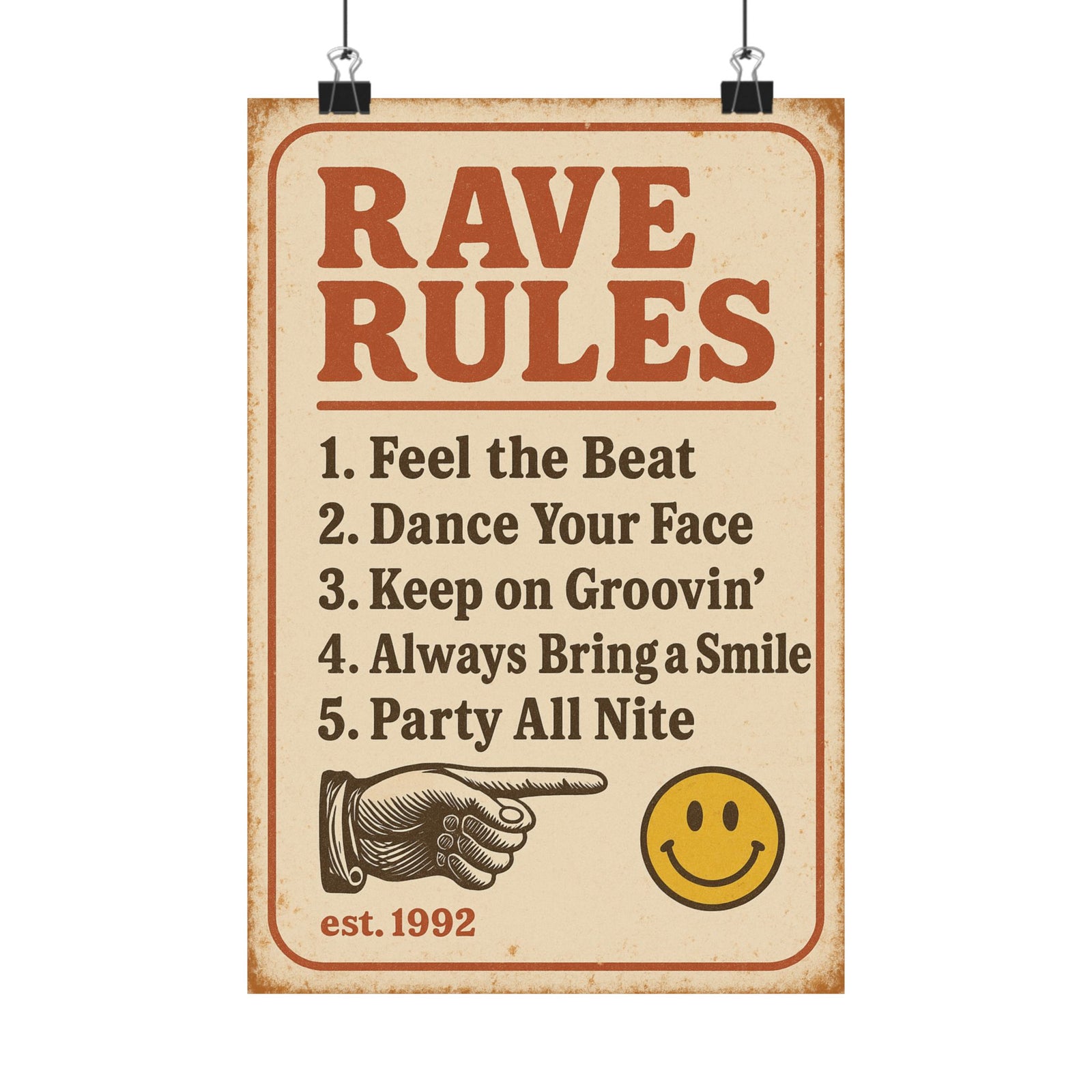 Dancefloor Rules Art Print Poster, Vintage Rave Notice Board
