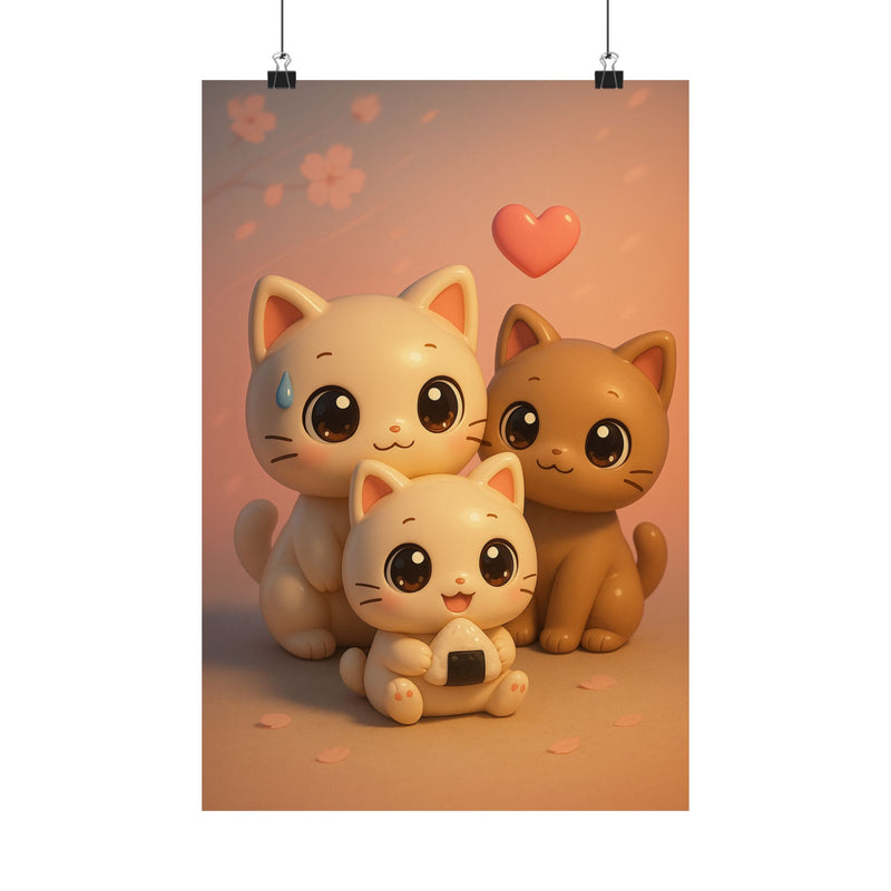 Kawaii Chibi Cats Art Print Poster, Cute 3D Anime Mascots