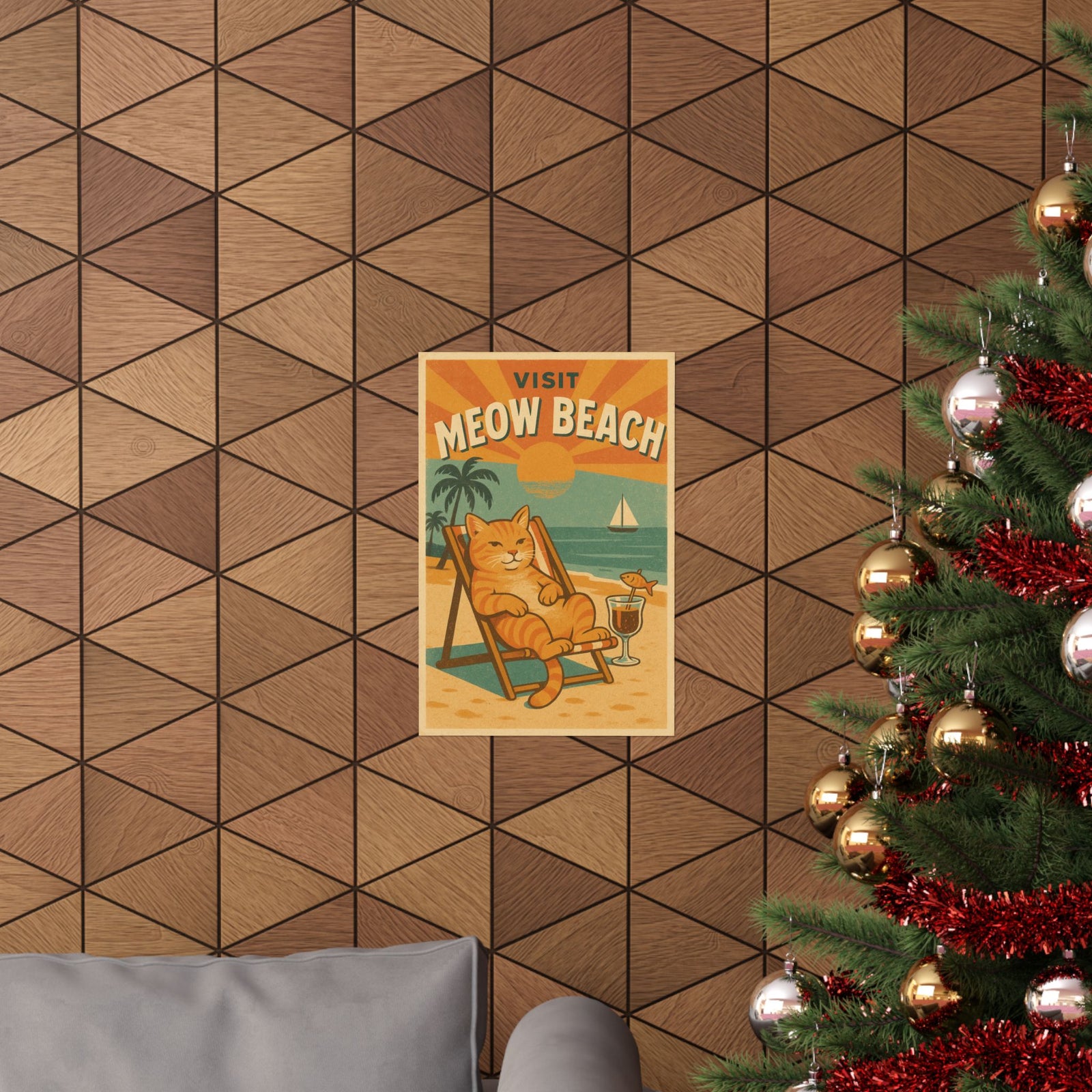 Meow Bay Cat Beach Travel Art Print Poster, Retro Vacation Vibe