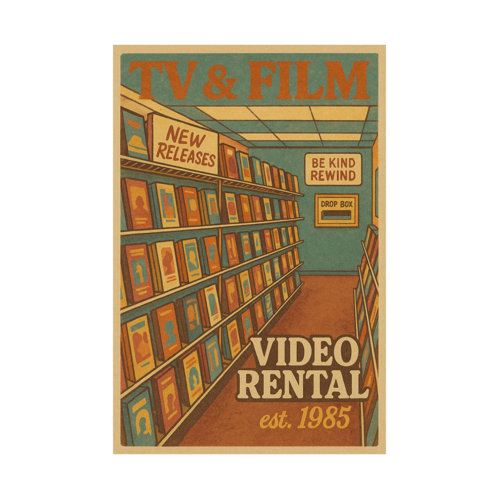 VHS Rental Store Aisle Art Print Poster, Be Kind Rewind Nostalgia
