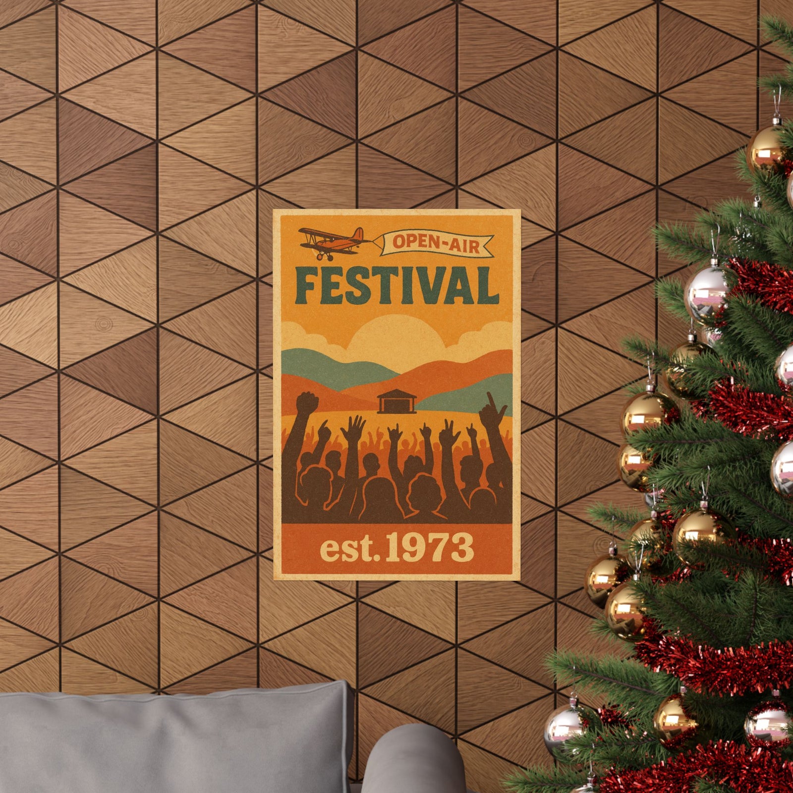 Vintage Festival Travel Art Print Poster, Sunrise Over The Main Stage