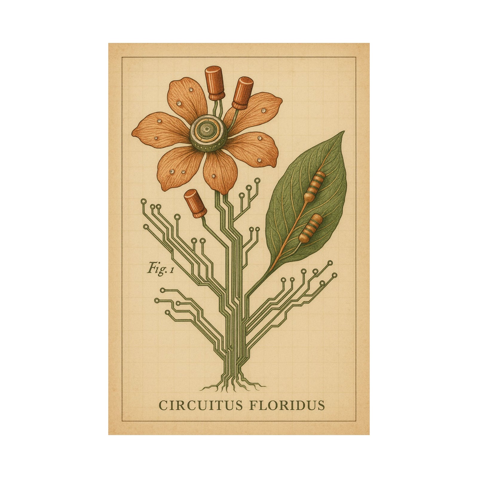 Circuit Board Flower Botanical Art Print Poster, Retro Tech Bloom Plate