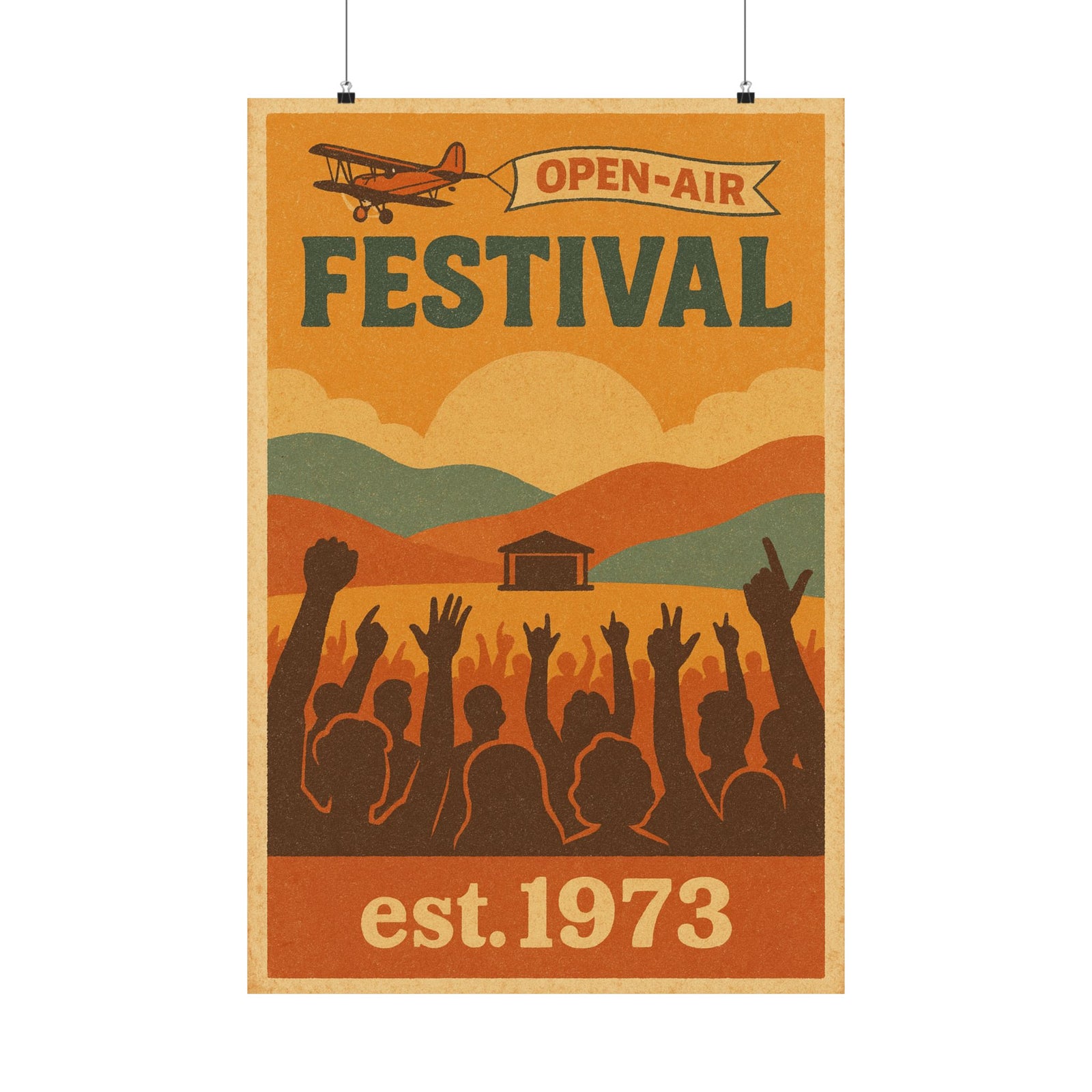 Vintage Festival Travel Art Print Poster, Sunrise Over The Main Stage
