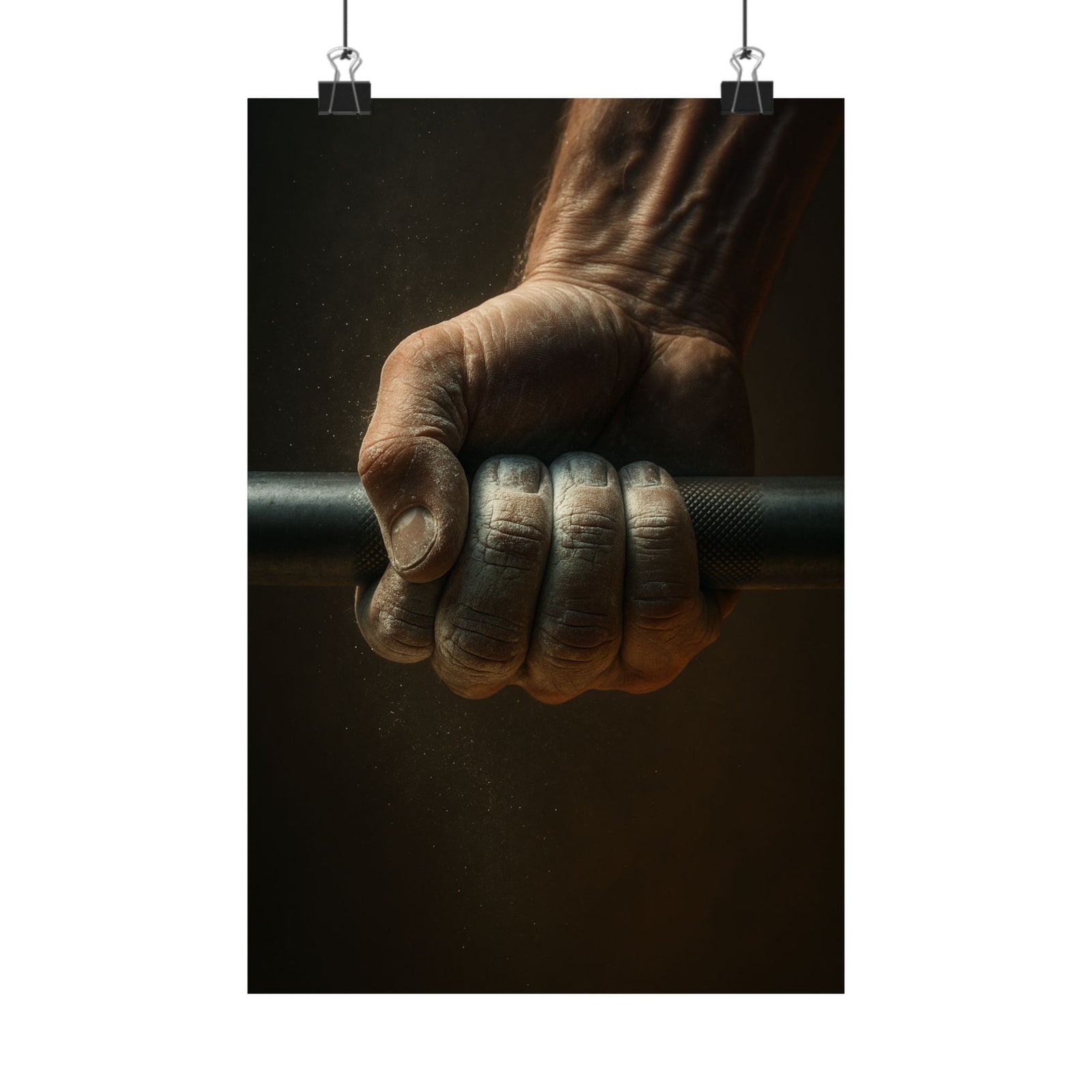 Chalked Barbell Grip Art Print Poster, Cinematic Lifting Close-Up
