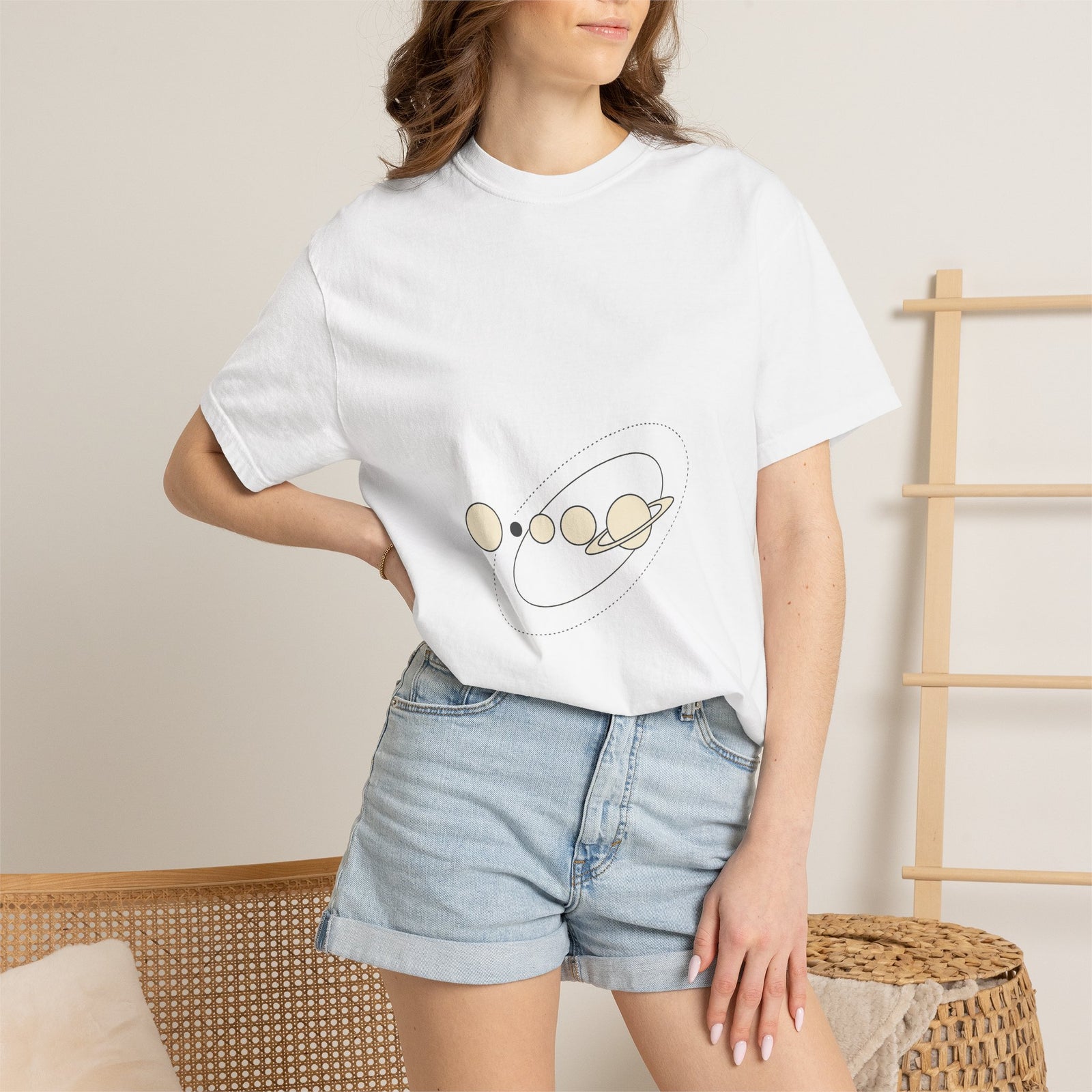 Minimalist Solar System Line Art Graphic Tee, Clean Cosmos