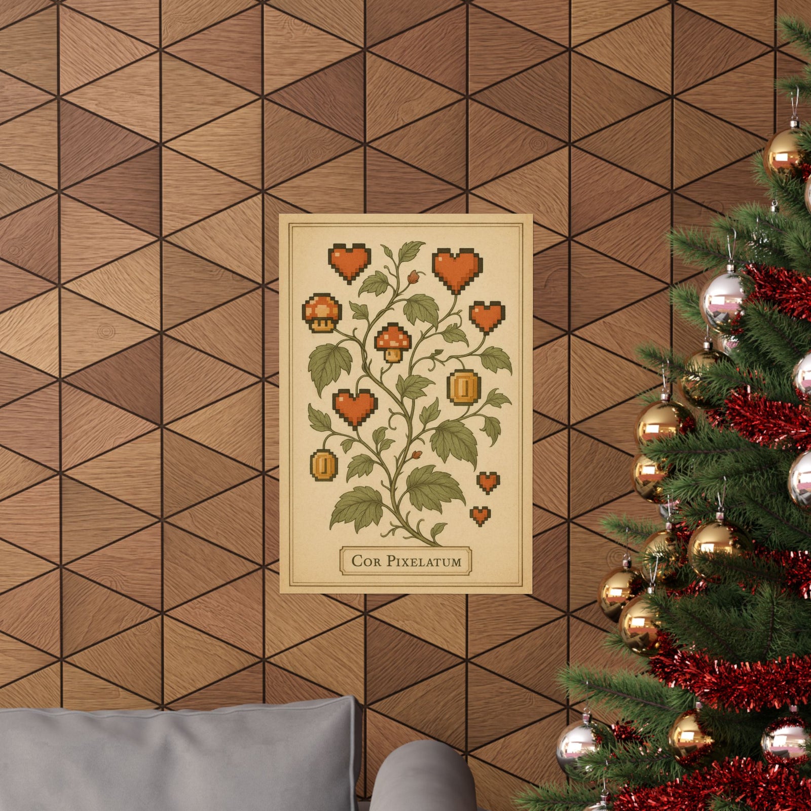 Pixel Heart Botanical Art Print Poster, Retro Power-Up Plant