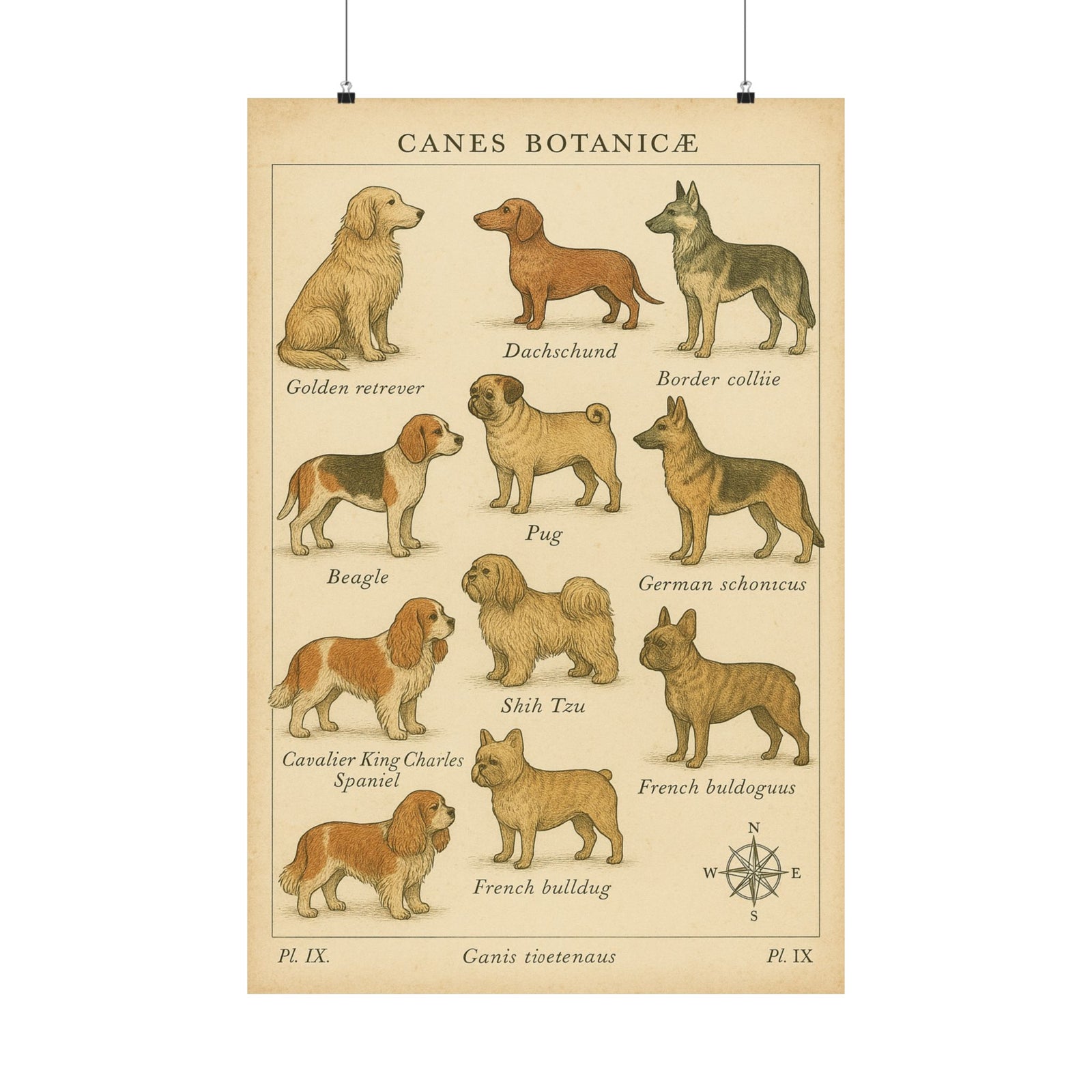 Dog Breeds Botanical Chart Art Print Poster, Vintage Specimen Plate