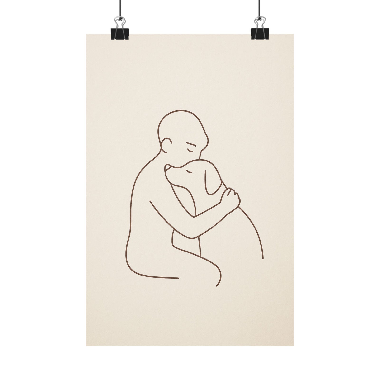 Person And Dog Hug Line Art Print Poster, Minimal One Line Bond