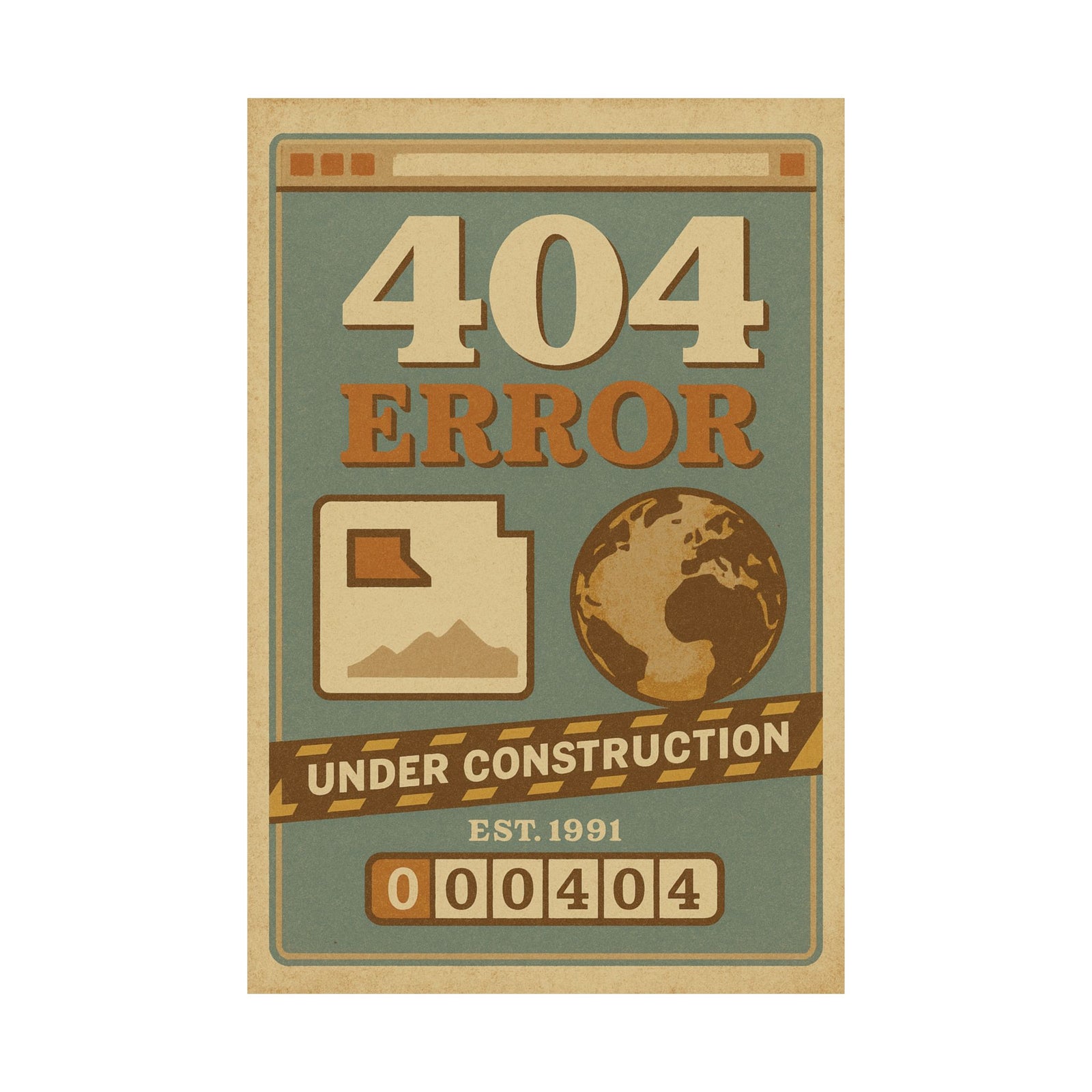 404 Not Found Art Print Poster, Broken Web Nostalgia Scene