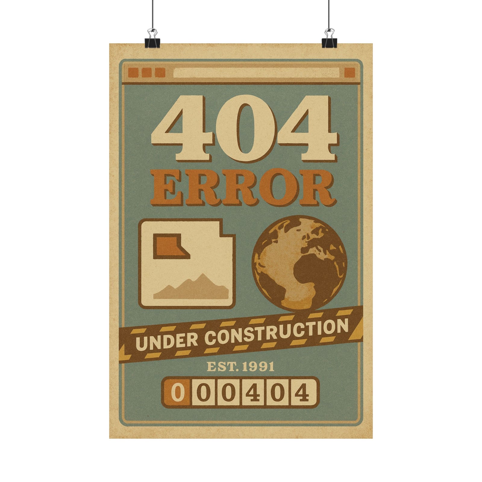 404 Not Found Art Print Poster, Broken Web Nostalgia Scene