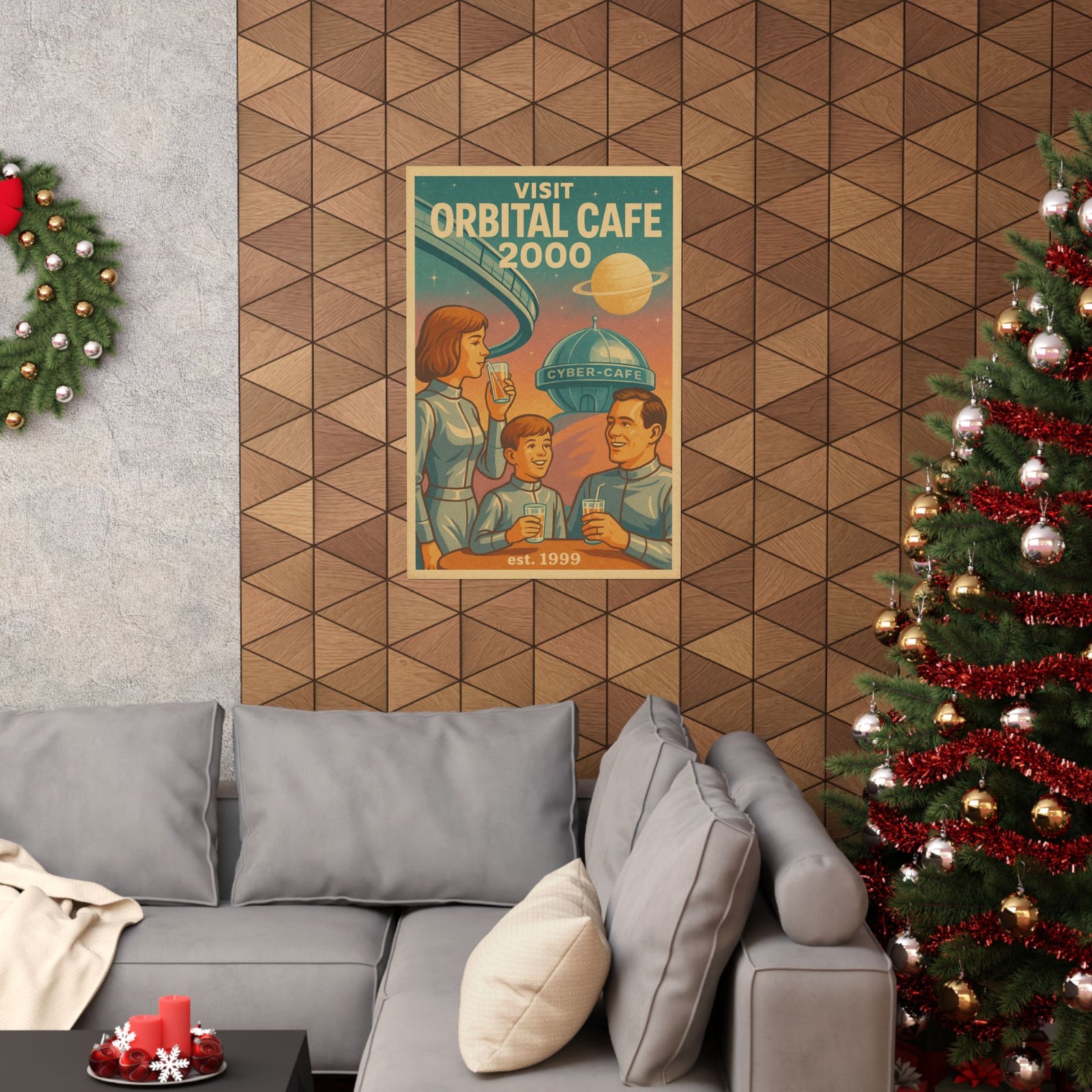 Orbital Cyber-Cafe Travel Art Print Poster, Y2K Retro-Future Tourism