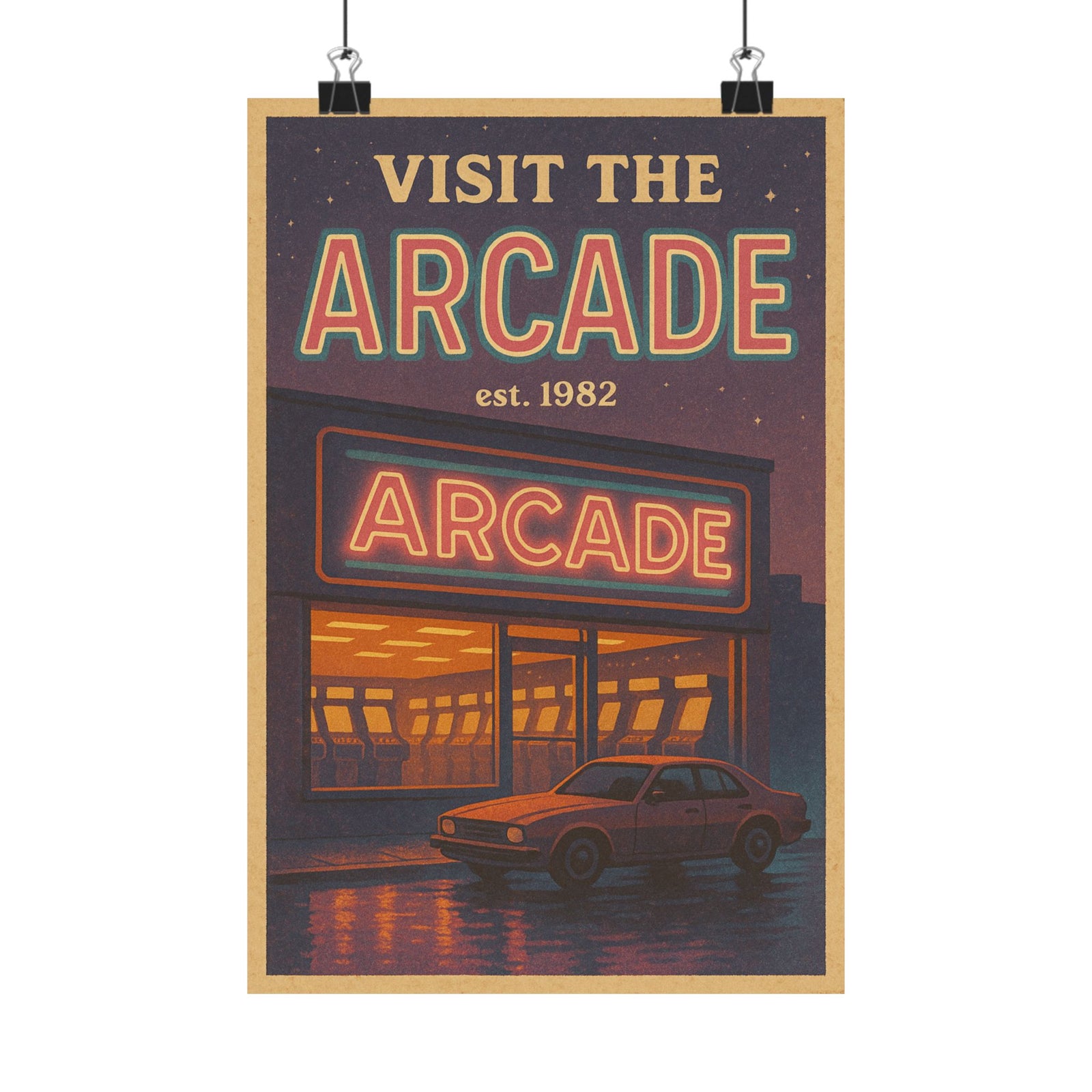 Neon Arcade Travel Art Print Poster, Retro Arcade Destination