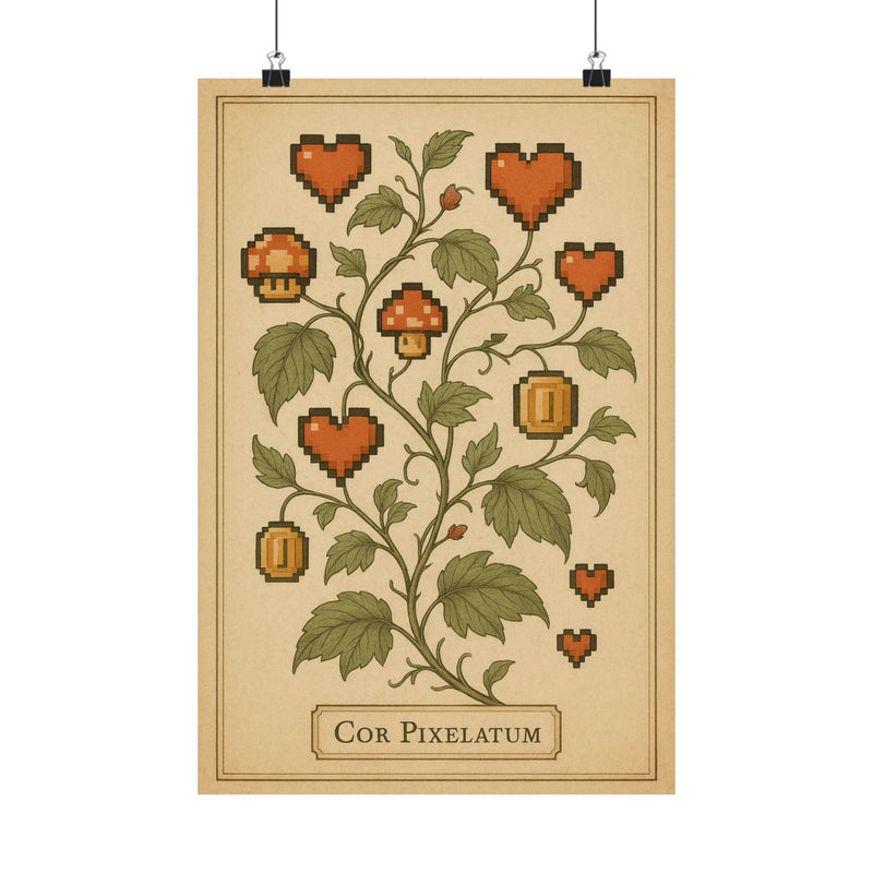 Pixel Heart Botanical Art Print Poster, Retro Power-Up Plant