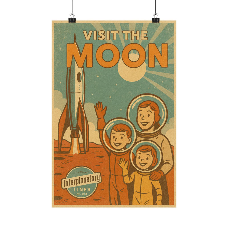 Visit The Moon Retro Rocket Travel Art Print Poster, 1950s Space Tourism