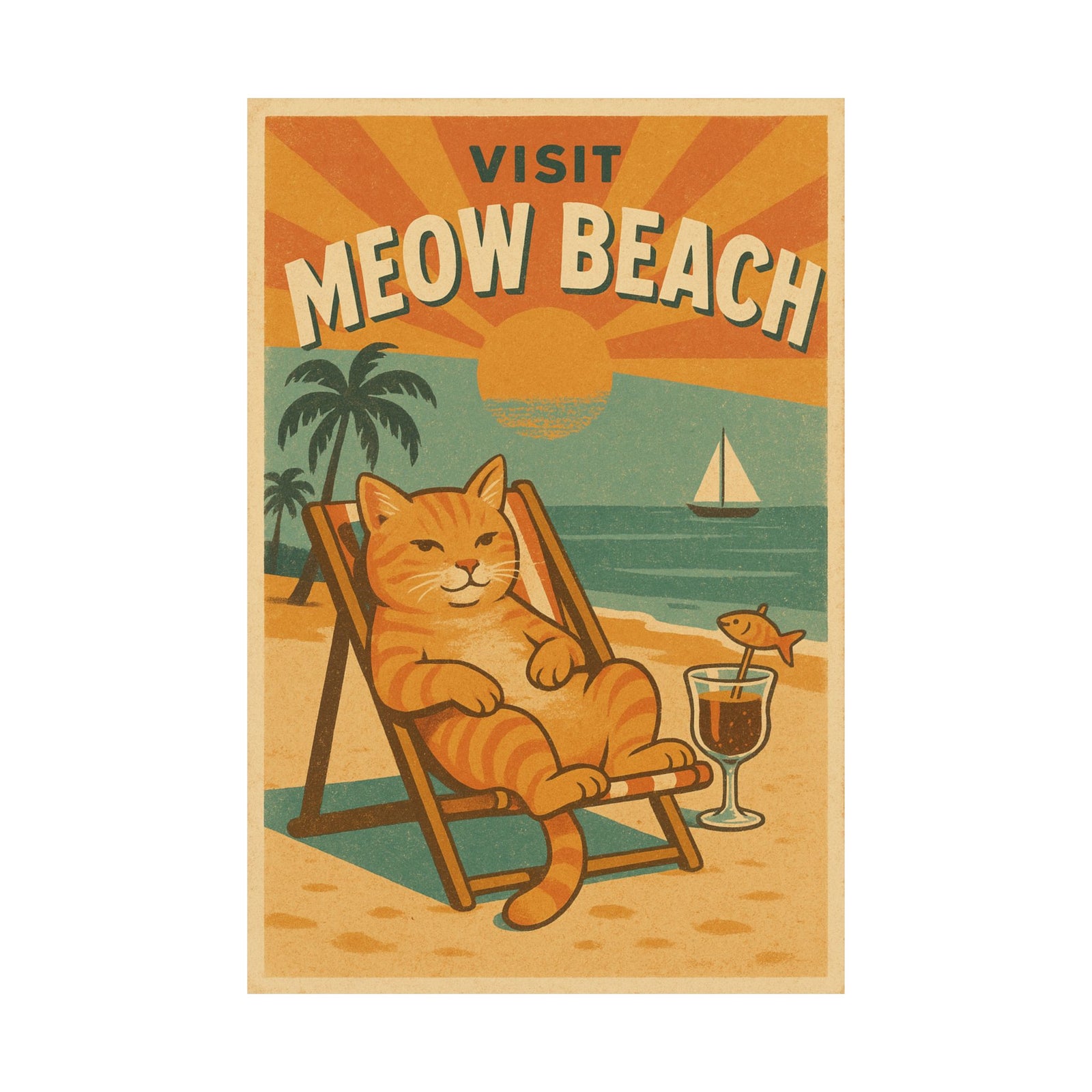 Meow Bay Cat Beach Travel Art Print Poster, Retro Vacation Vibe