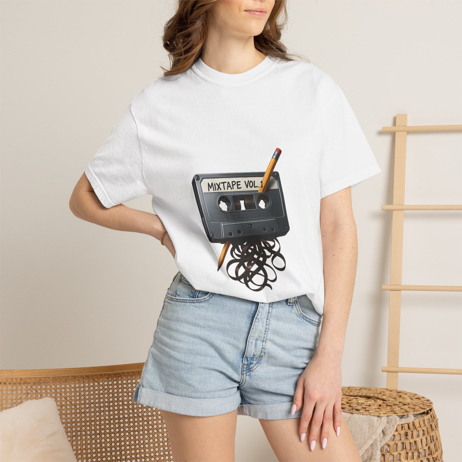Spilled Cassette Mixtape Graphic Tee, Rewind With A Pencil