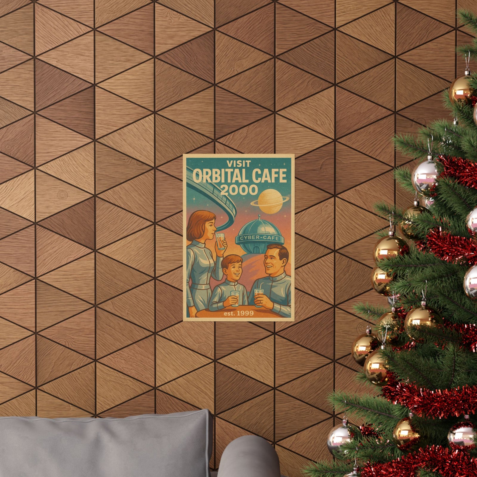 Orbital Cyber-Cafe Travel Art Print Poster, Y2K Retro-Future Tourism