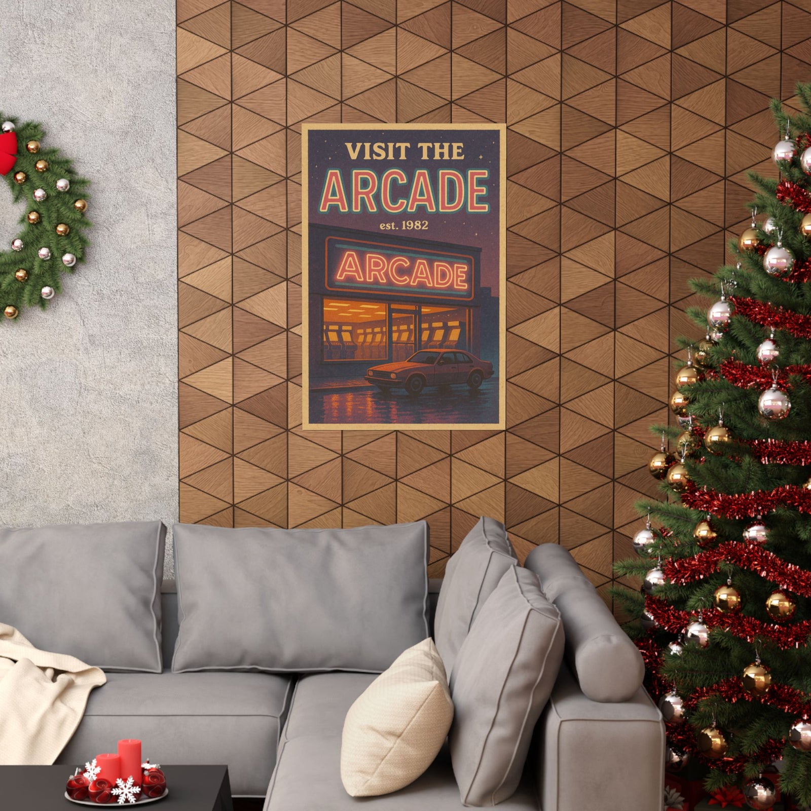 Neon Arcade Travel Art Print Poster, Retro Arcade Destination
