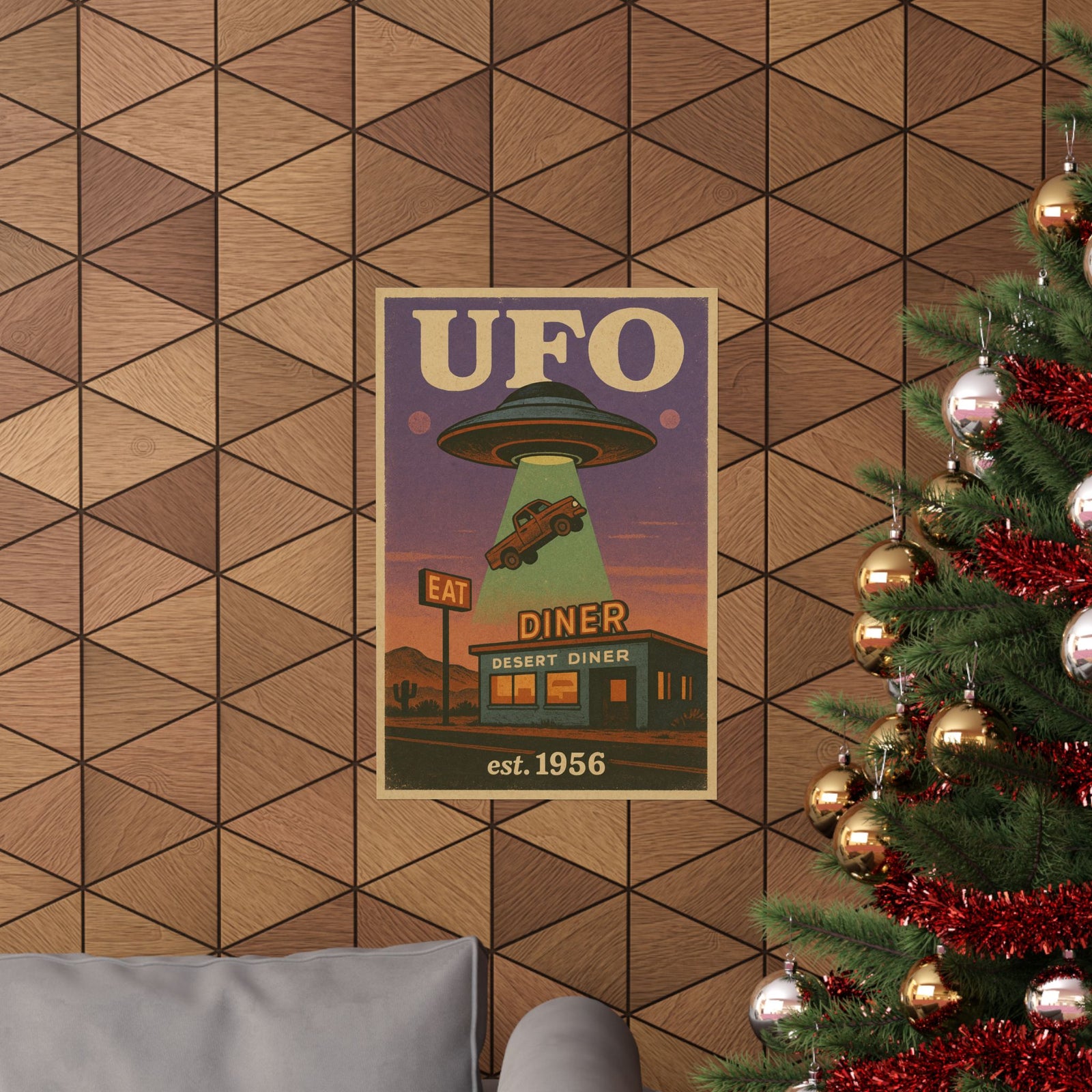 UFO Over Desert Diner Art Print Poster, Retro Route 66 Abduction
