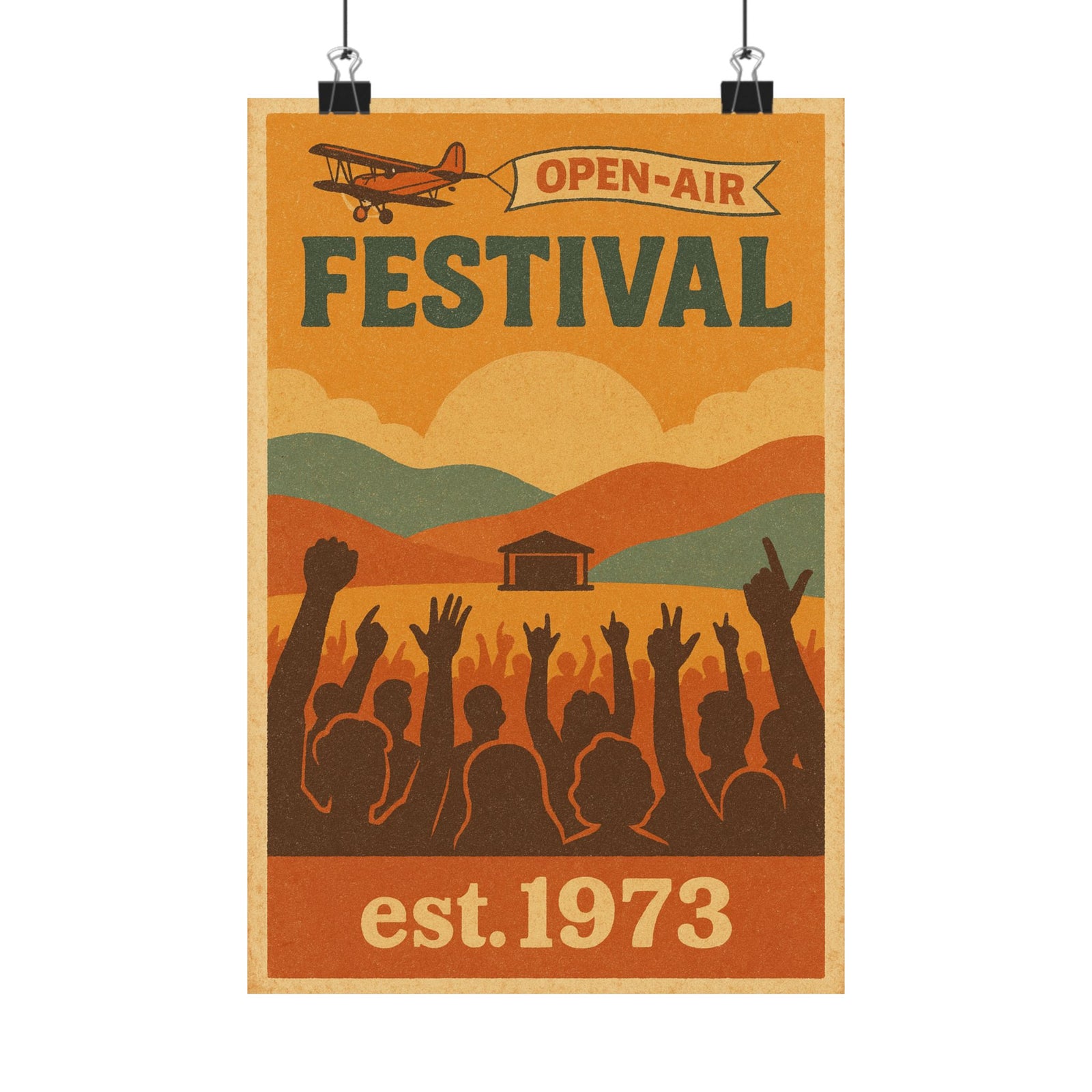Vintage Festival Travel Art Print Poster, Sunrise Over The Main Stage