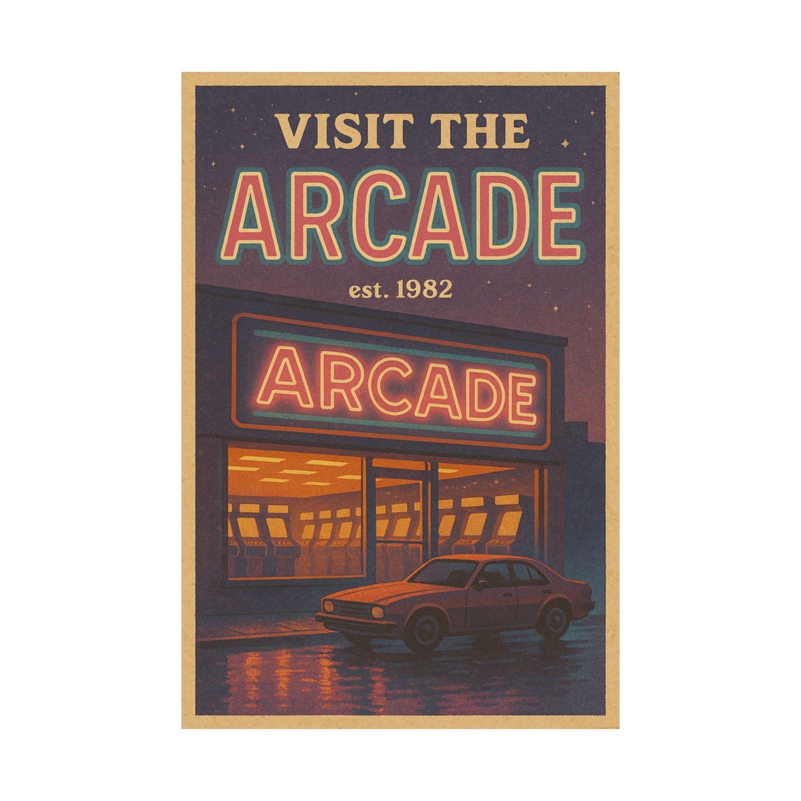 Neon Arcade Travel Art Print Poster, Retro Arcade Destination