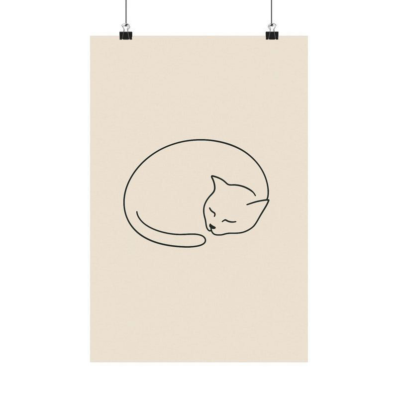 Curled Sleeping Cat Line Art Print Poster, Minimal One Line Drawing